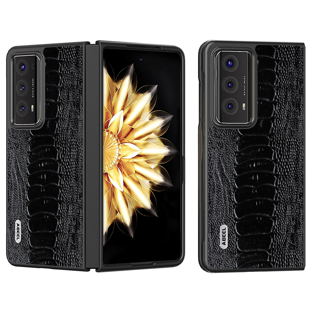 

ABEEL Für Ehrenmagie V2 5G Telefonhülle Echte Kuhleder + PC Crocodile Textur Schutzabdeckung - Schwarz, Honor Magic V2 5G
