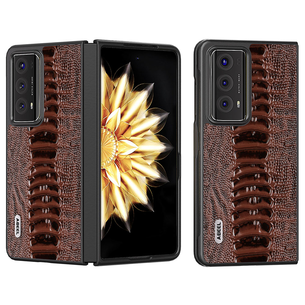 

ABEEL Für Ehrenmagie V2 5G Telefonhülle Echte Kuhleder + PC Crocodile Textur Schutzabdeckung - Kaffee, Honor Magic V2 5G
