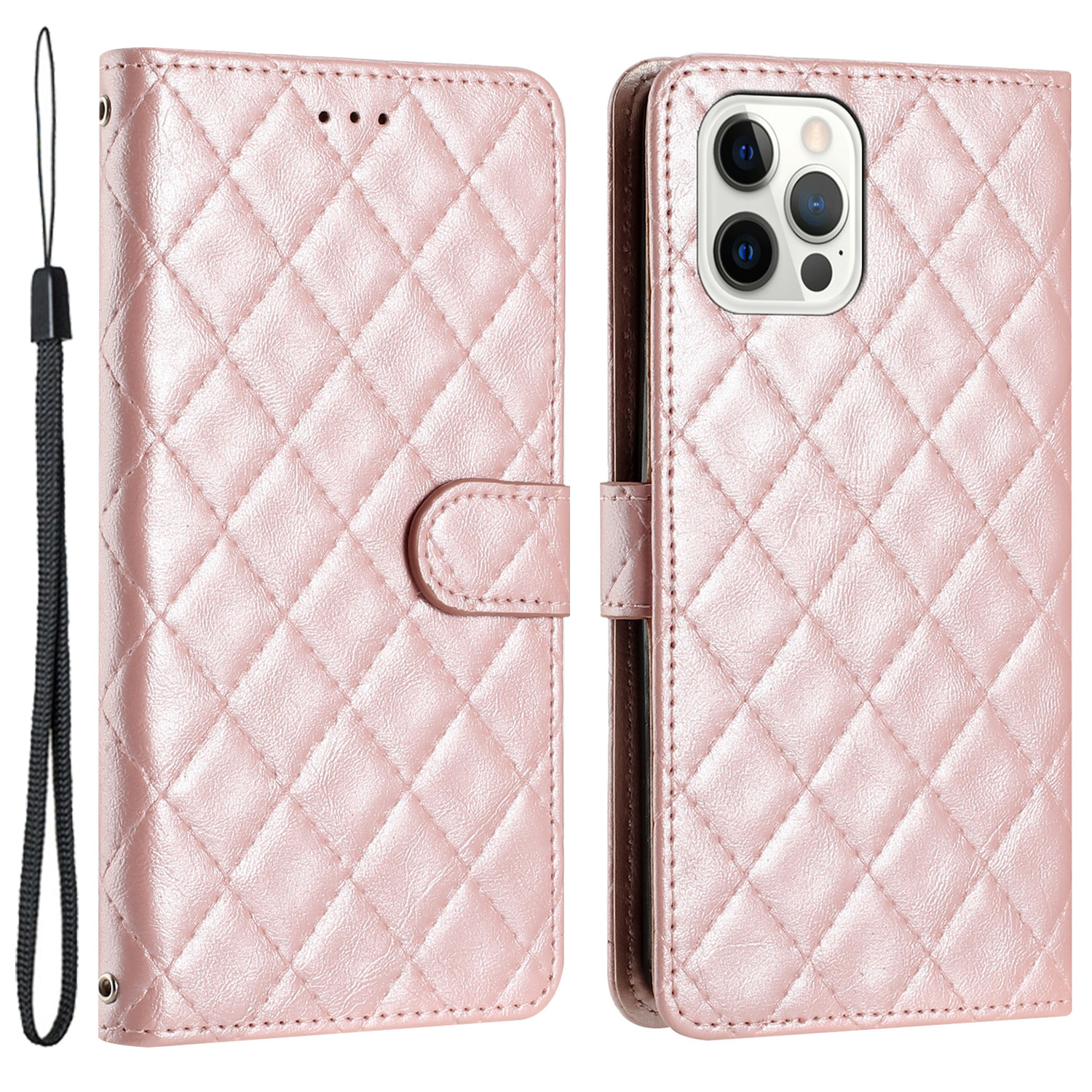 

Für Iphone 15 Pro Schockfeste Rhombus -stitching -line Leder Hülle Wallet Stand Telefonabdeckung - Roségold, iPhone 15 Pro