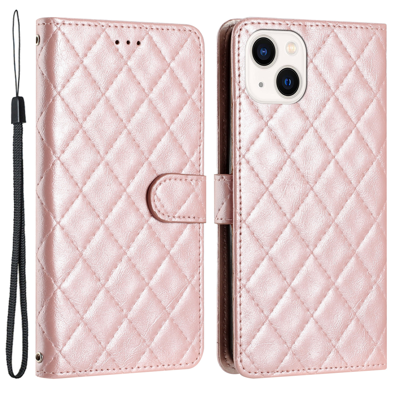

Rhombus -stitching Line Shell Für Iphone 15, Leder -hülle Wallet Stand Telefonabdeckung - Roségold, iPhone 15