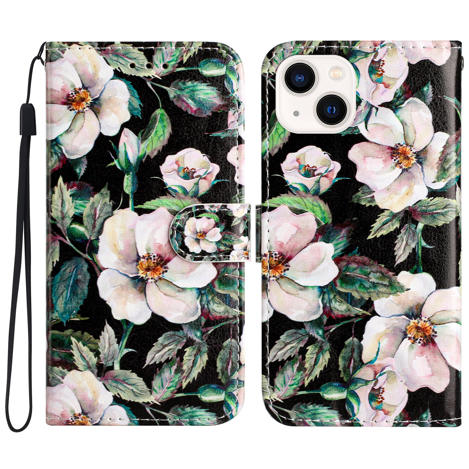 

Muster Druckphone Brieftaschenabdeckung Für Iphone 15, Pu-lederständer Anti-drop-abdeckung - Magnolie, iPhone 15