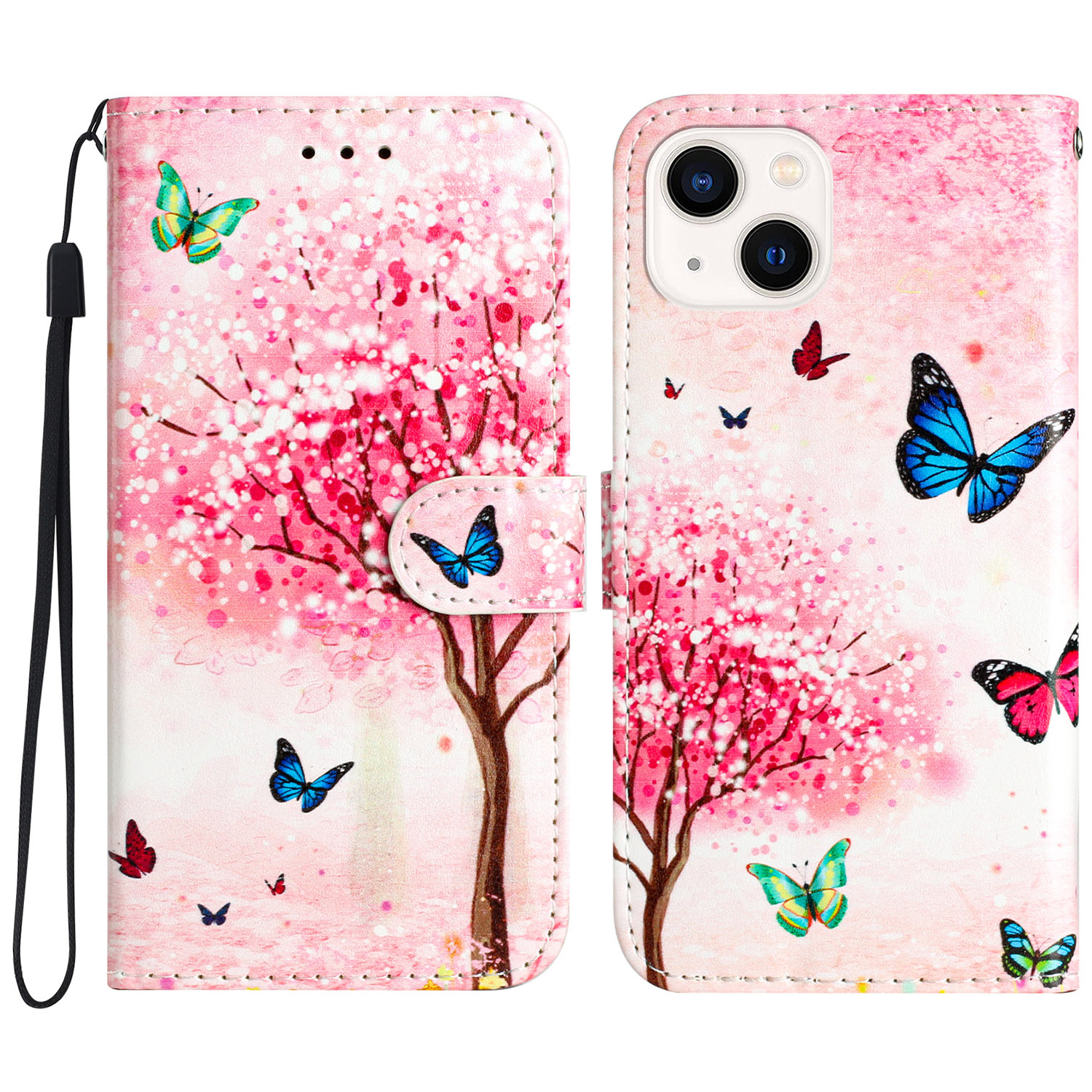 

Muster Druckphone Brieftaschenabdeckung Für Iphone 15, Pu-lederständer Anti-drop-abdeckung - Kirschblütenbaum, iPhone 15