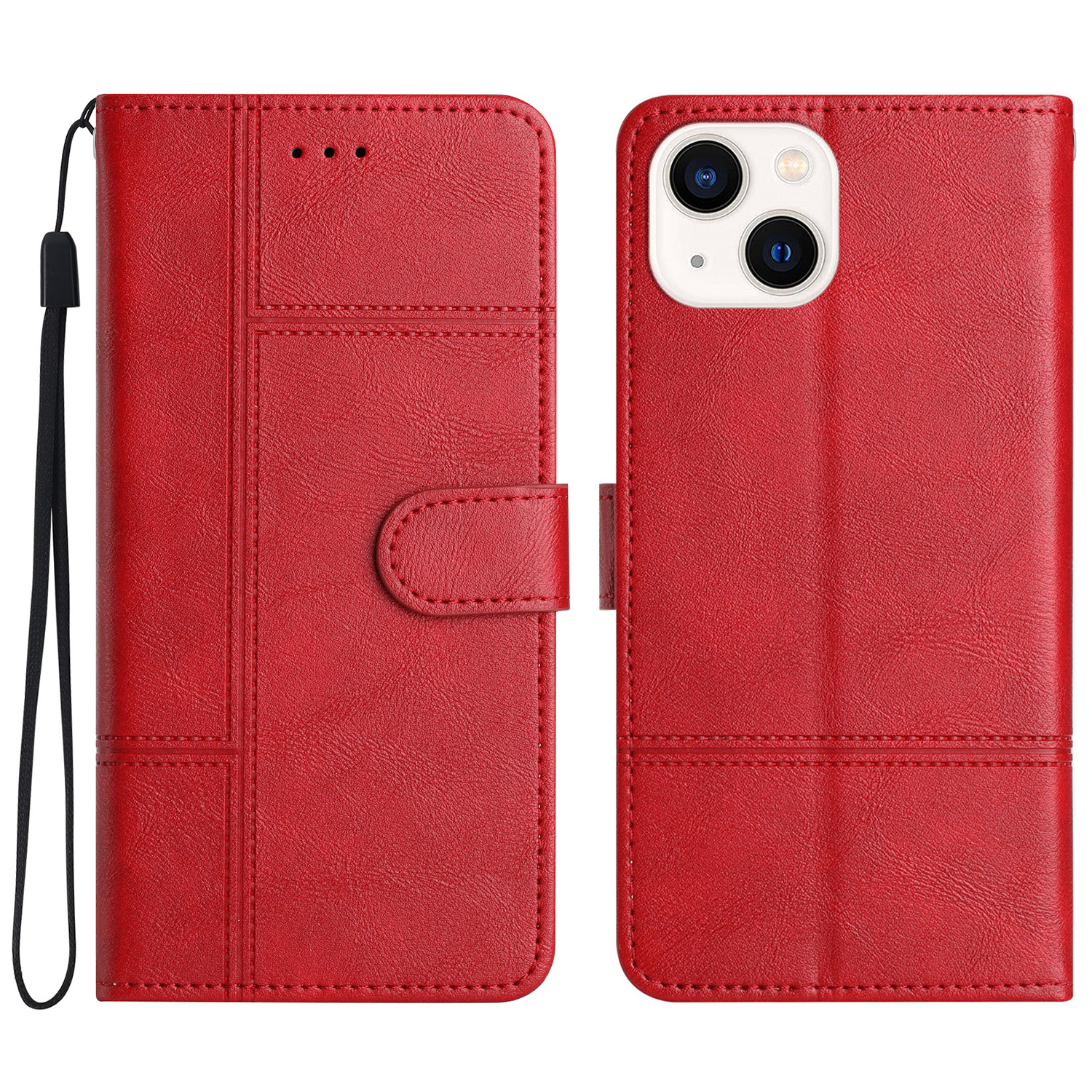 

Leder Brieftasche Hülle Für Iphone 15, Linie Geprägter Kokushahntexturständer Telefonabdeckung - Rot, iPhone 15