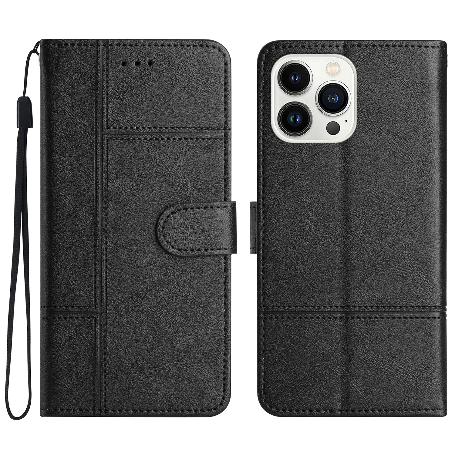 

Telefonhülle Für Iphone 15 Pro, Leder -brieftaschenlinie Eingeprägter Cowide Textur Stand Cover - Schwarz, iPhone 15 Pro