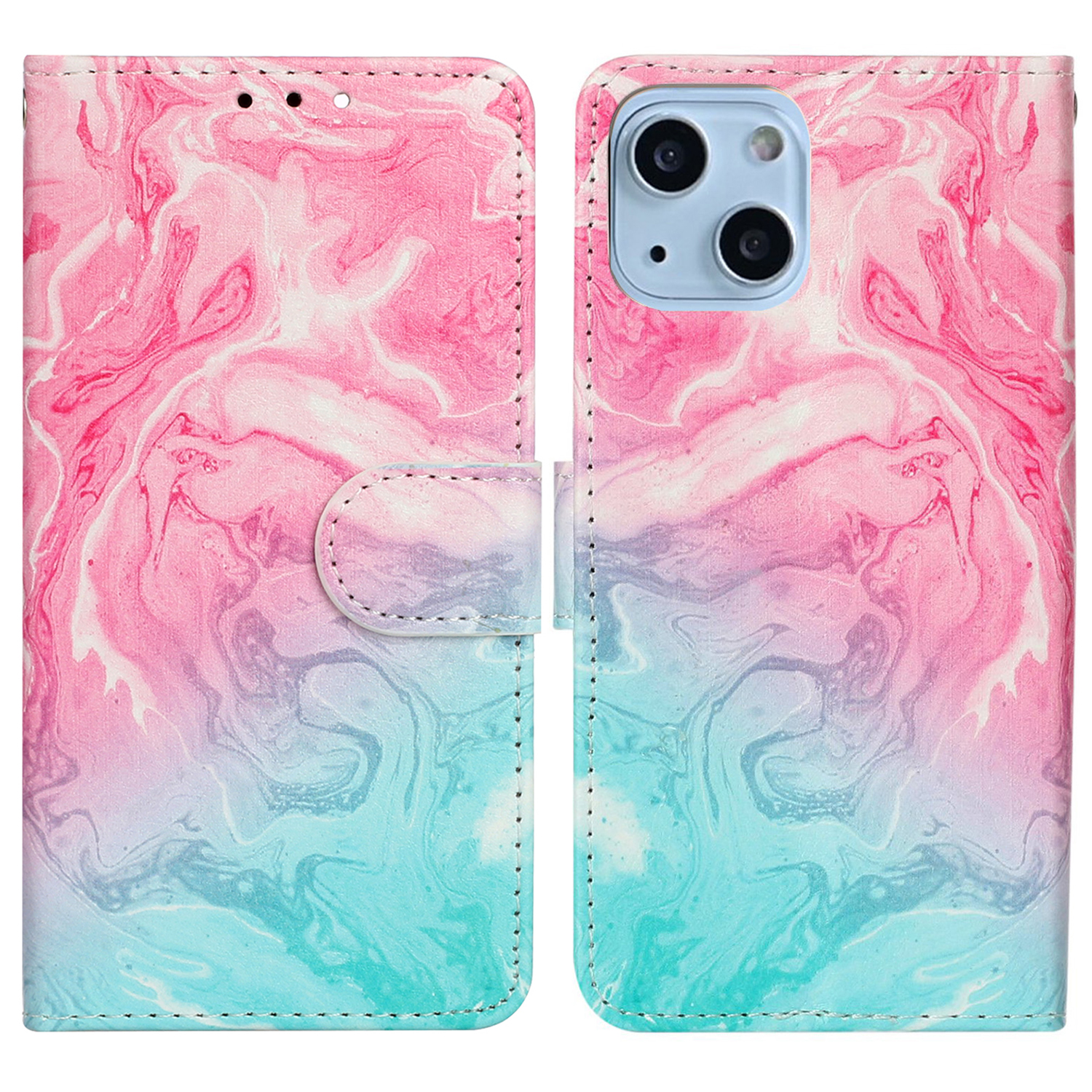 

Für Das Iphone 15 Plus -muster Druck Brieftasche Telefonhülle PU Lederständer Schutzabdeckung - Pink Green Marmor, iPhone 15 Plus