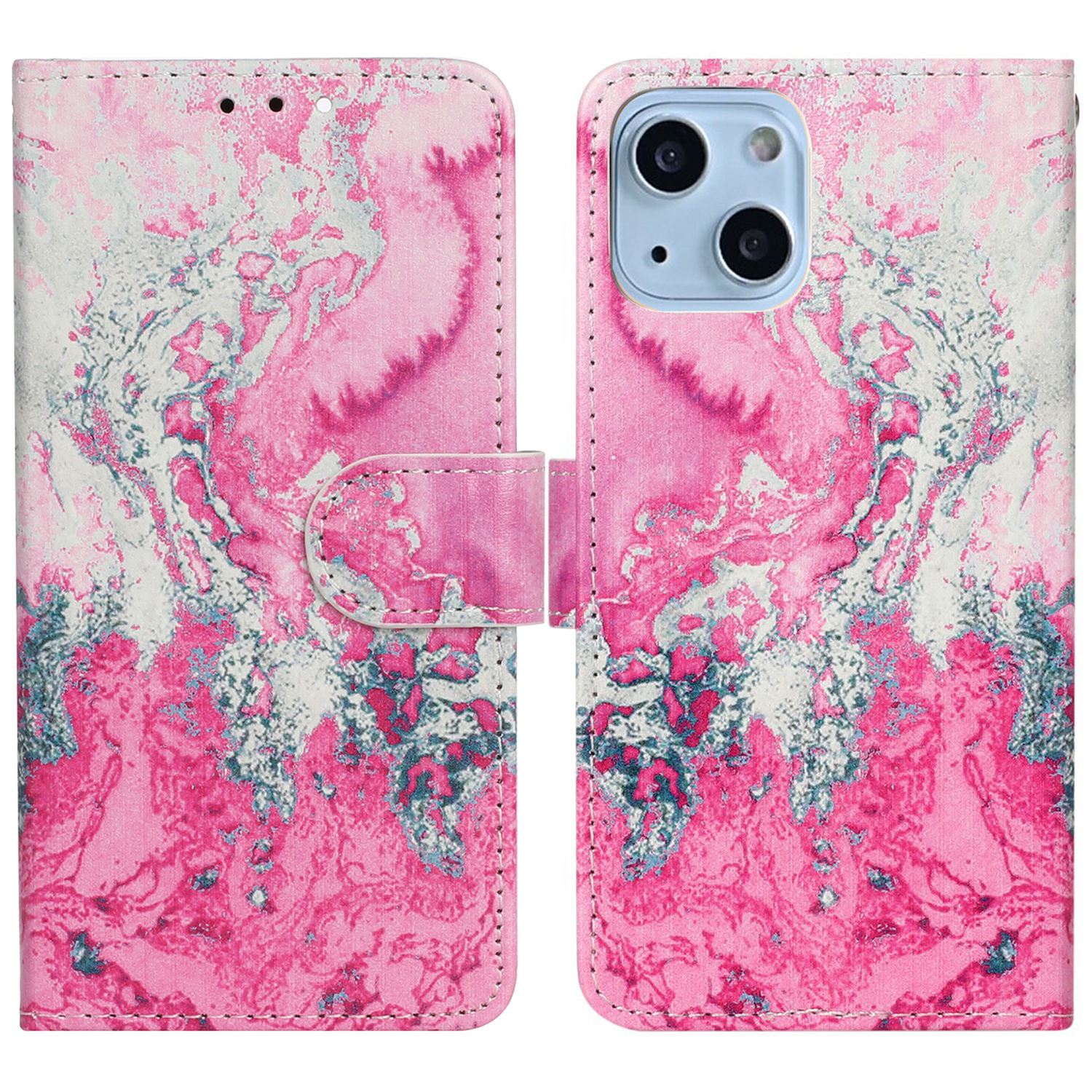

Für Das Iphone 15 Plus -muster Druck Brieftasche Telefonhülle PU Lederständer Schutzabdeckung - Rosa Meerwasser, iPhone 15 Plus