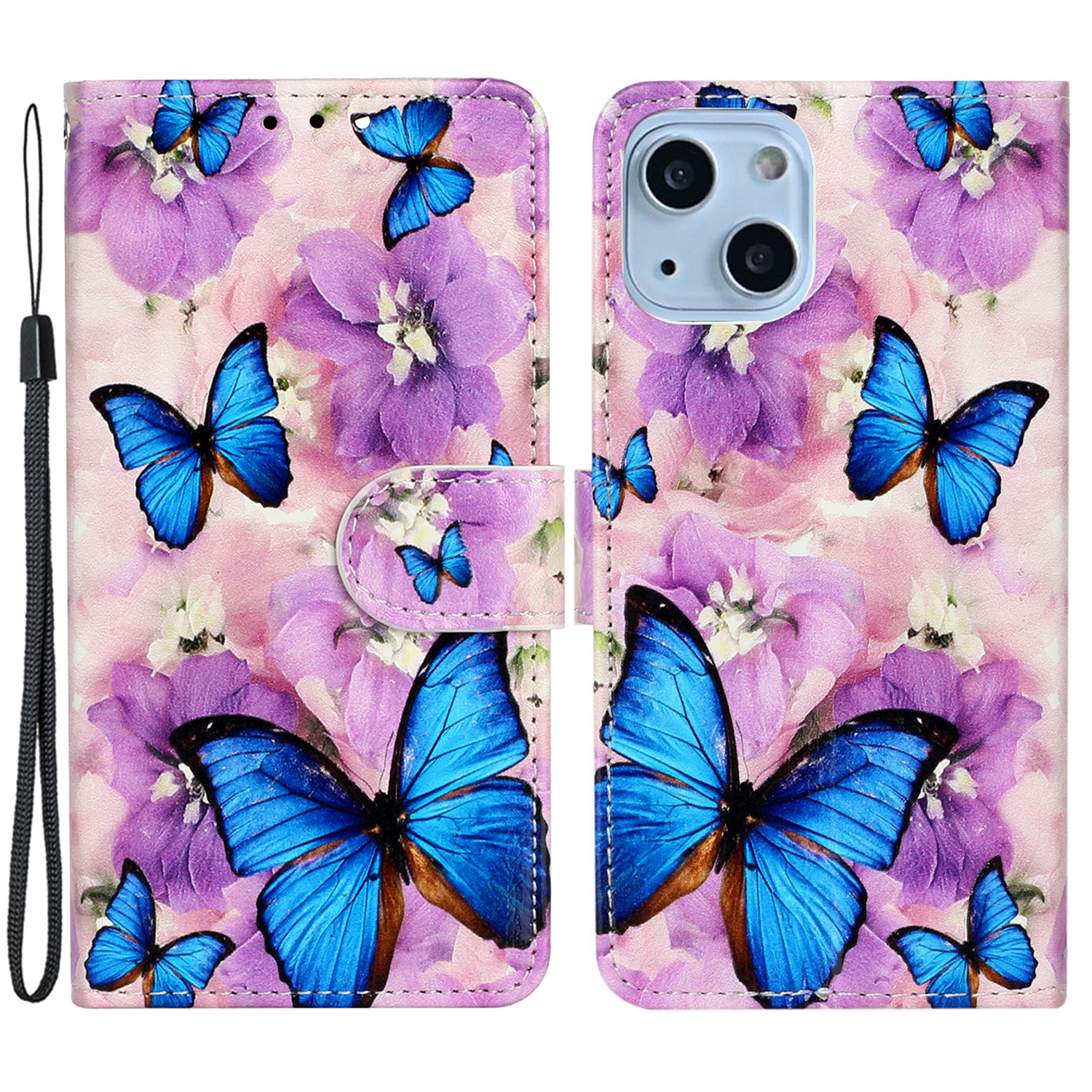 

Musterdruck Leder Brieftaschenhülle Für Iphone 15, Drop-sof-proof-telefonständer Cover - Lila Blumen Schmetterling, iPhone 15