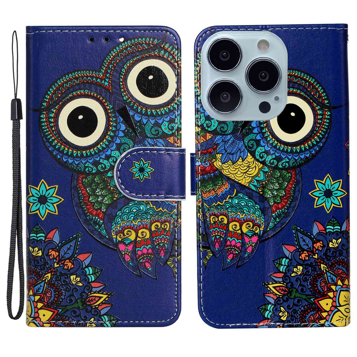 

Lederbrieftasche Hülle Für Iphone 15 Pro, Musterdruckständer Handyabdeckung - Blaue Eule, iPhone 15 Pro