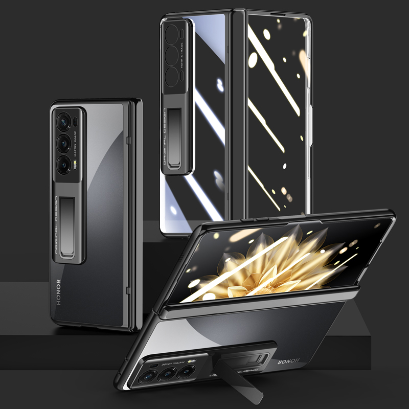 

Für Ehrenmagie V2 5G Clear PC Phone Hülle Scharnierschutz Elektroplierend Kickstand Cover Mit HD -temperaturglasfilm - Schwarz, Honor Magic V2 5G