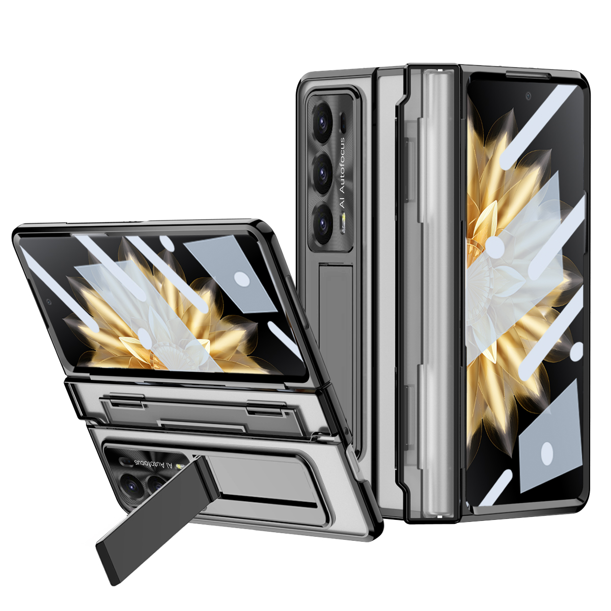 

Für Ehrenmagie V2 5G Hartes PC -telefonfall Falten Sie Kickstand Ganzkörperschutzabdeckung Mit Temperamentvollem Glasfilm - Schwarz, Honor Magic V2 5G