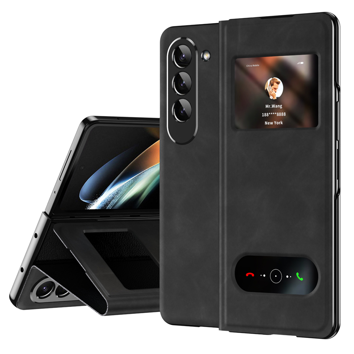 

Für Samsung Galaxy Z Fold5 5G Ansichtfenster Phone Hülle Nappa Textur PU Leder + PC Stand Cover - Schwarz, Galaxy Z Fold5 5G