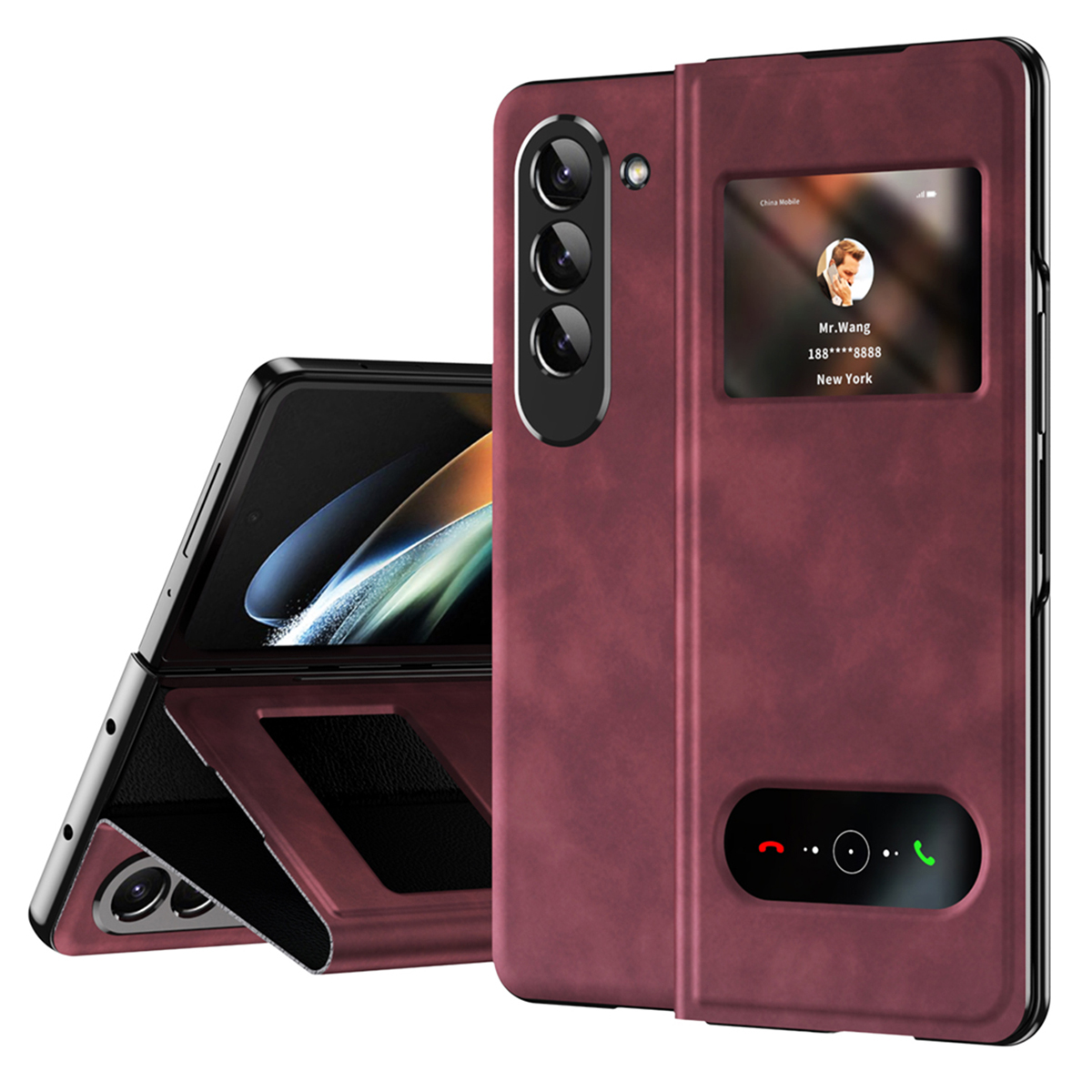 

Für Samsung Galaxy Z Fold5 5G Ansichtfenster Phone Hülle Nappa Textur PU Leder + PC Stand Cover - Weinrot, Galaxy Z Fold5 5G