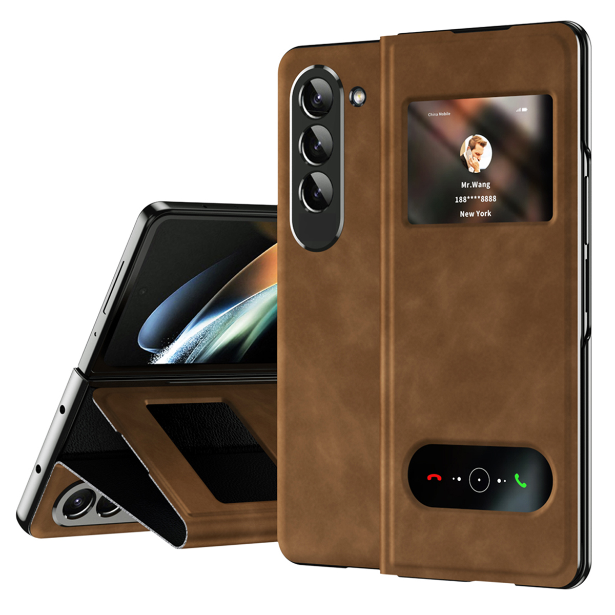 

Für Samsung Galaxy Z Fold5 5G Ansichtfenster Phone Hülle Nappa Textur PU Leder + PC Stand Cover - Braun, Galaxy Z Fold5 5G
