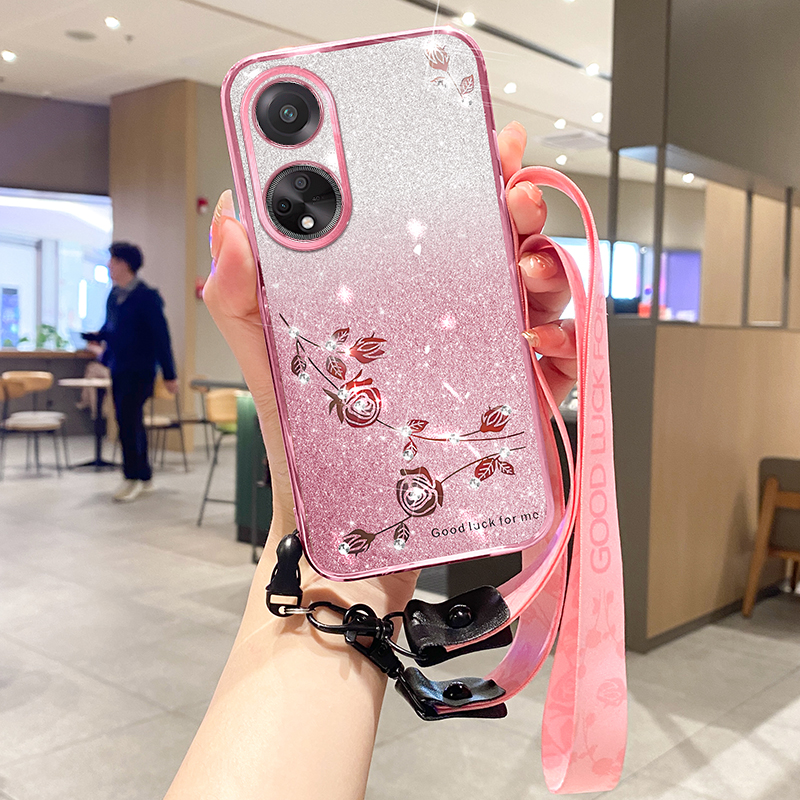 

Für Ehrenspiel 30 Plus 5G Blumendesign Strass Glitter TPU Phone Hülle Schutzschutz Mit Riemen - Roségold, Honor Play 30 Plus 5G