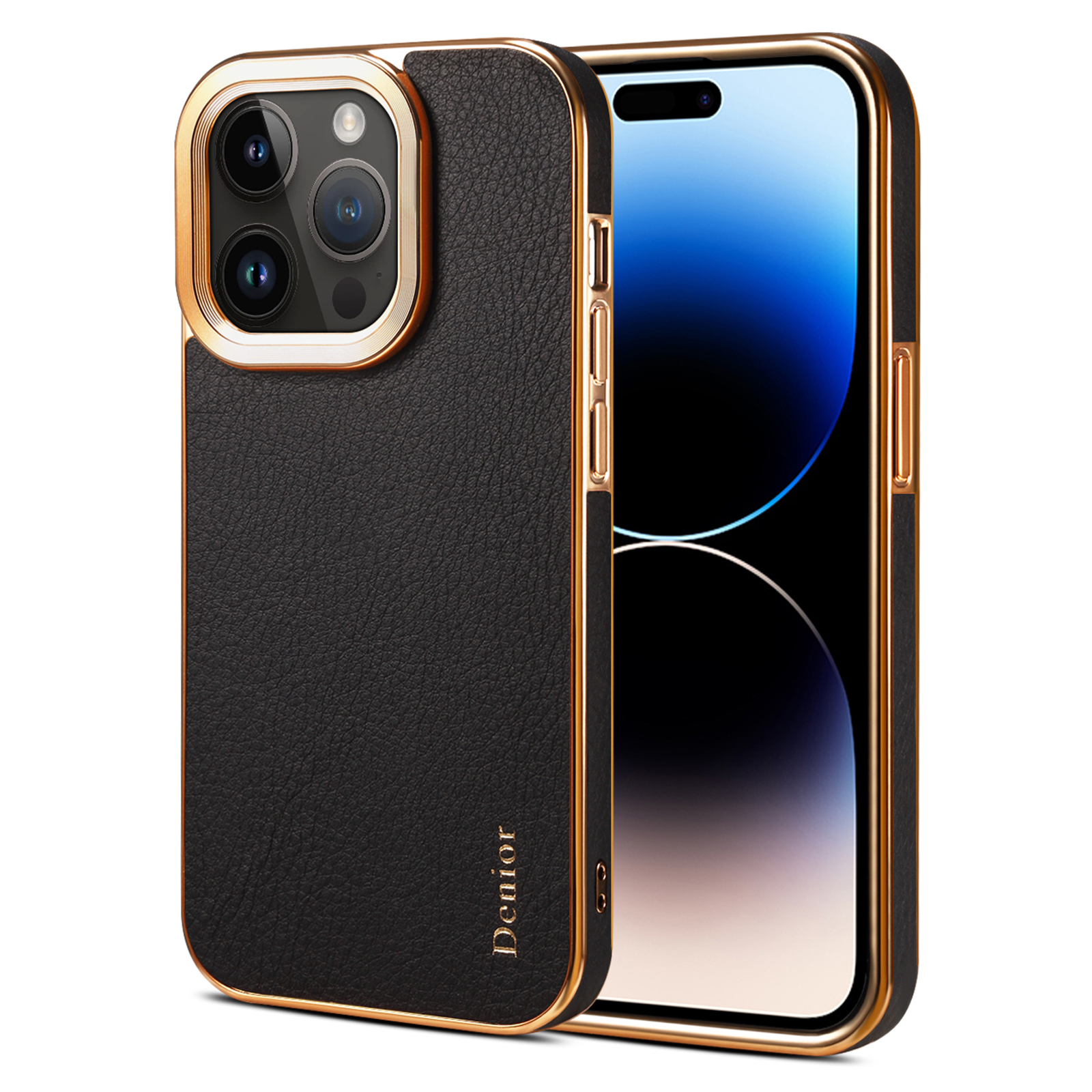 

Denior Für Iphone 14 Pro Echte Kuhleder+pc Phone Hülle Anti-kratzer-elektroplattenabdeckung - Schwarz, iPhone 14 Pro