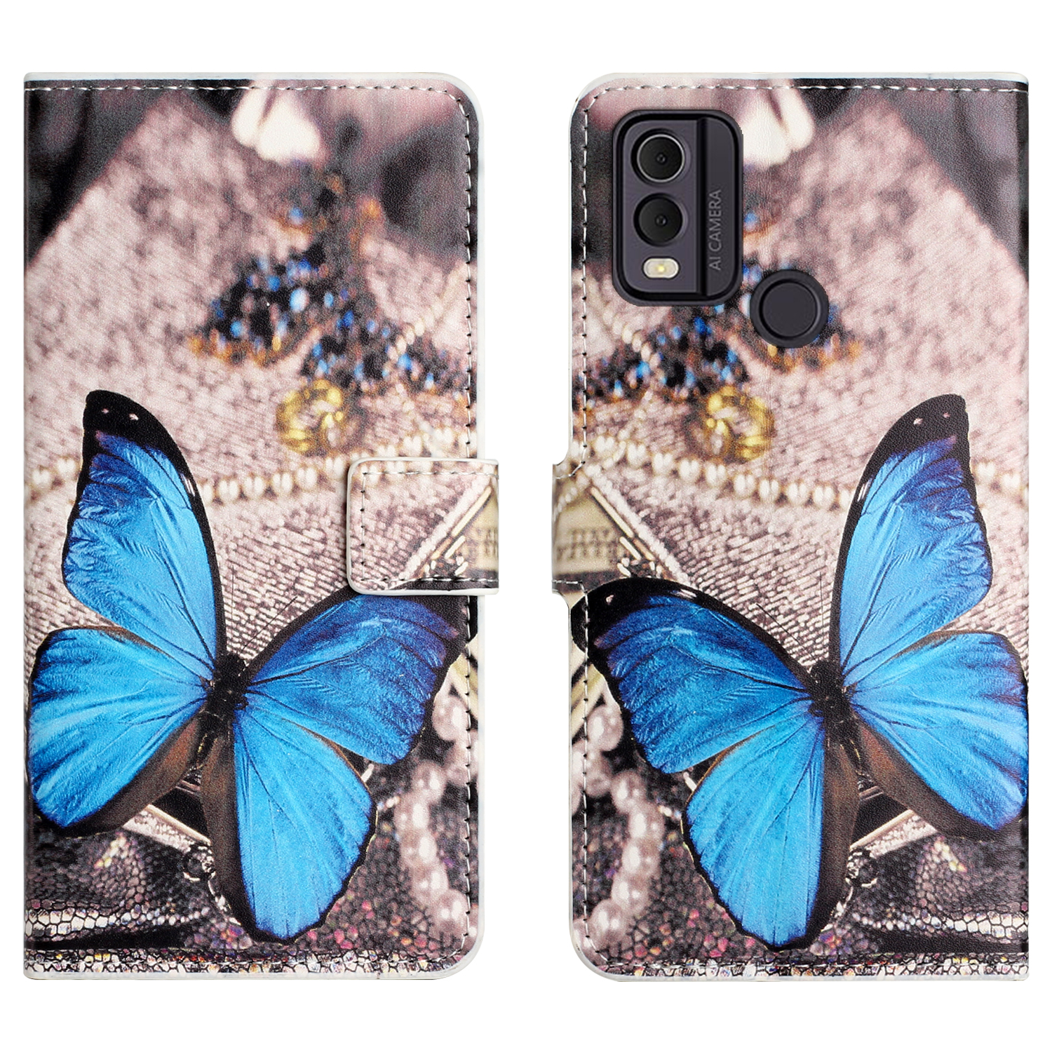 

PU Leder Telefonhülle Für Nokia C32 / C22, Musterdruck Brieftaschenständer Telefonabdeckung - Blauer Schmetterling, Nokia C32