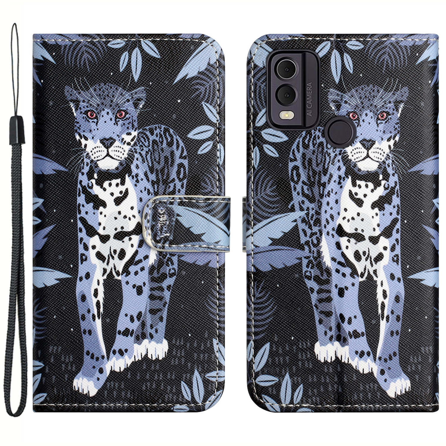 

Für Nokia C32 / C22 PU Leder Brieftasche Telefonhülle 3D Muster Druck Telefonständer Cover - Leopard, Nokia C32