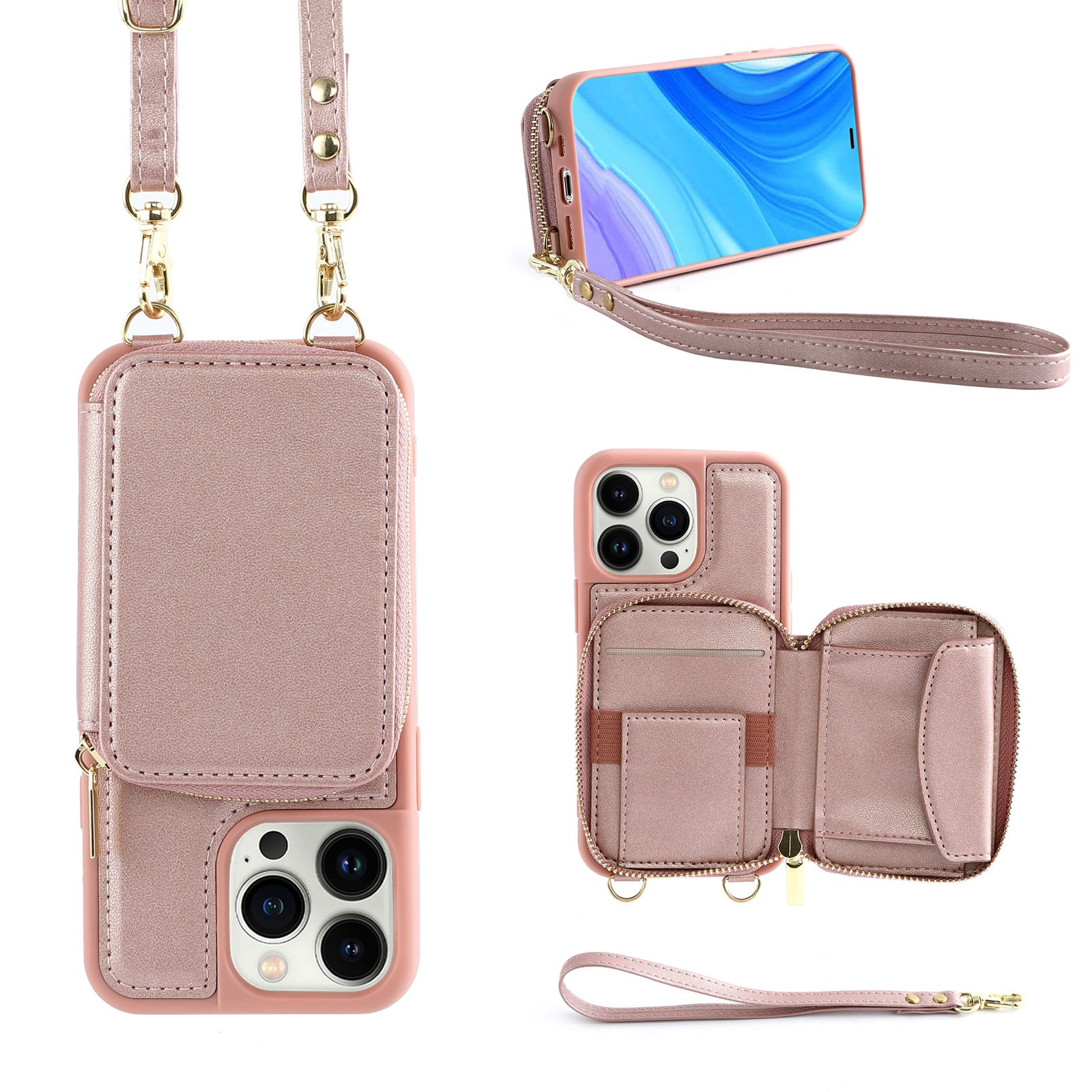 

RFID -blockierung Reißverschluss Brieftasche Hülle Für Iphone 13 Pro, Kickstand PU -lederbeschichtete TPU -telefonabdeckung - Roségold, iPhone 13 Pro