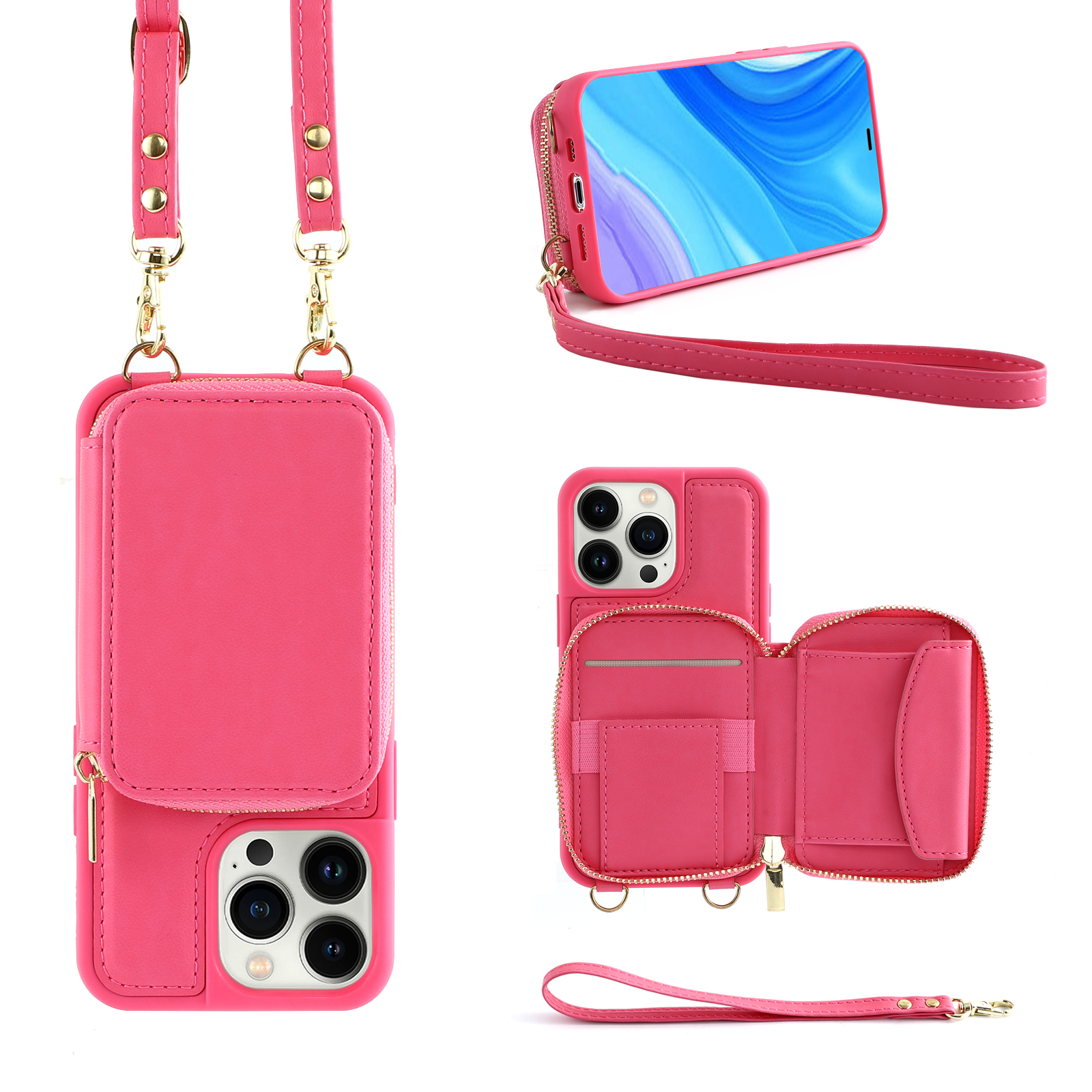 

RFID -blockierung Reißverschluss Brieftasche Hülle Für Iphone 13 Pro, Kickstand PU -lederbeschichtete TPU -telefonabdeckung - Rose, iPhone 13 Pro