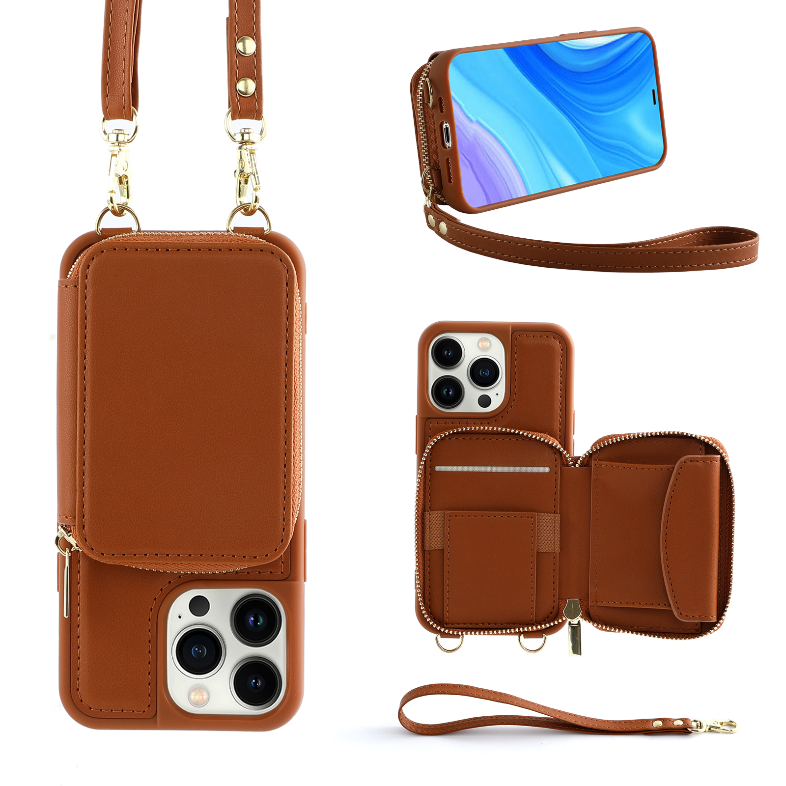 

RFID -blockierung Reißverschluss Brieftasche Hülle Für Iphone 13 Pro, Kickstand PU -lederbeschichtete TPU -telefonabdeckung - Braun, iPhone 13 Pro