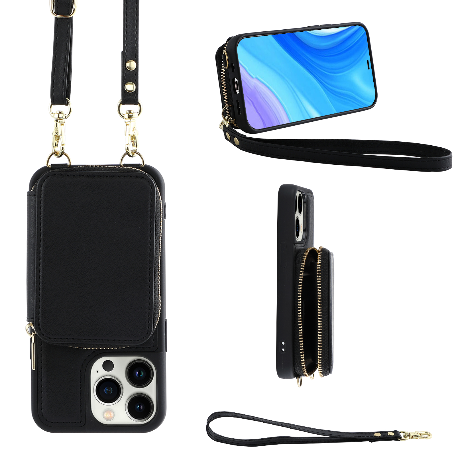 

Für Das Iphone 13 Pro Max Reißverschluss Brieftasche Phone Hülle RFID Blockierende Leder + TPU -telefon -kickstand Cover - Schwarz, iPhone 13 Pro Max