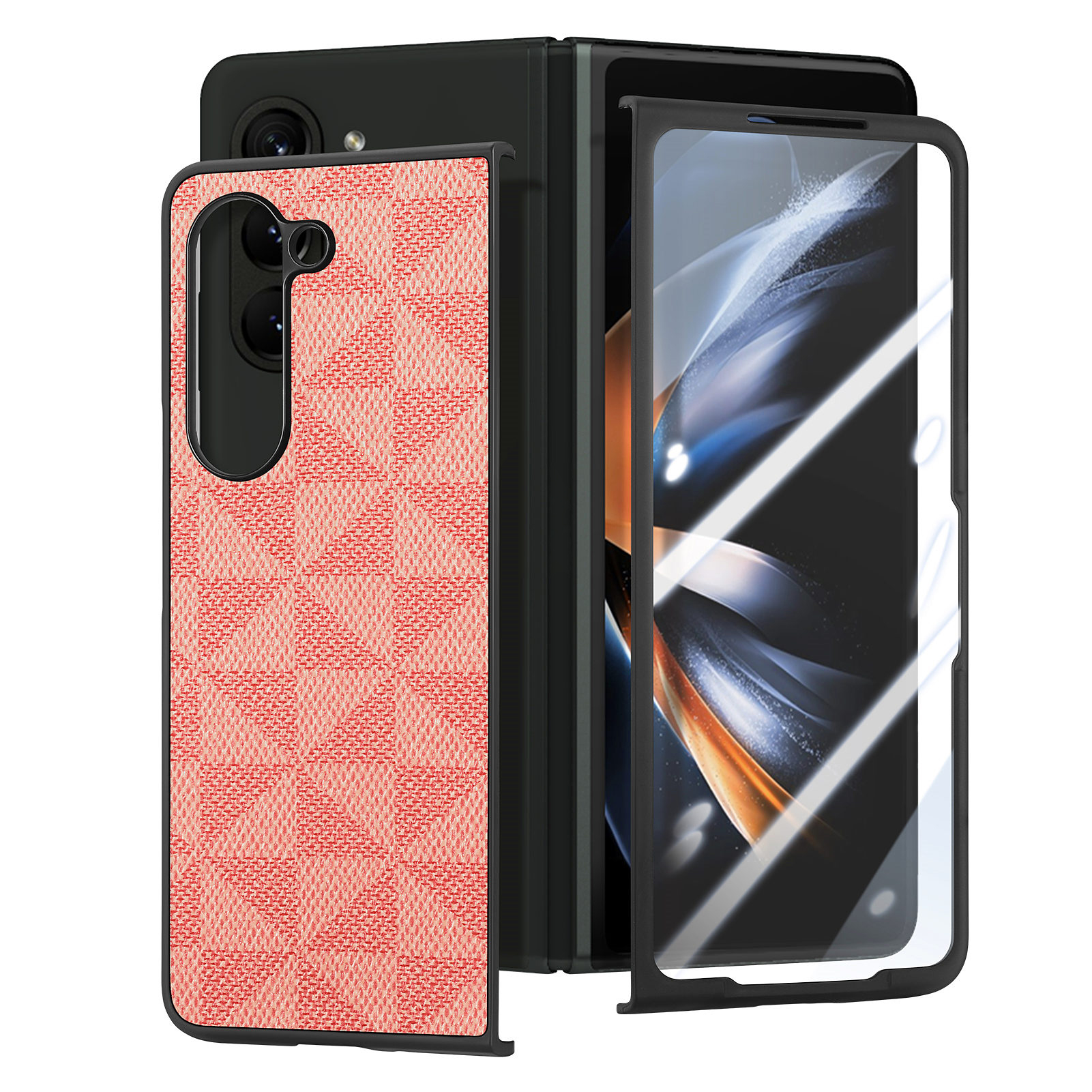

Für Samsung Galaxy Z Fold5 5G PU Leder + PC Phone Hülle Triangle Spleißmusterabdeckung Mit Temperamentvollem Glasfilm - Rot, Galaxy Z Fold5 5G