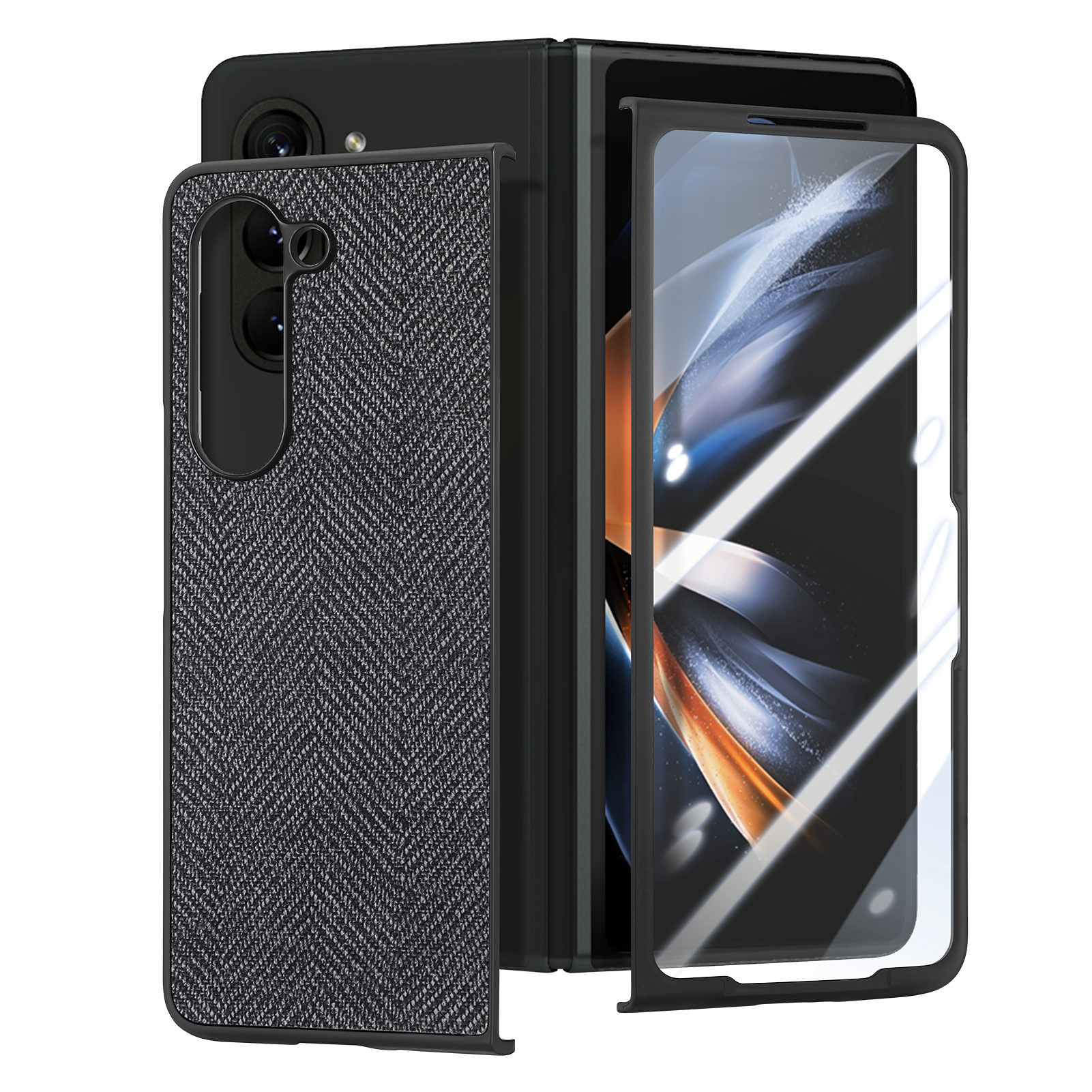 

Für Samsung Galaxy Z Fold5 5G PU Leder + Pc-hülle Jeans Stoff Textur Anti-schlupf-telefonabdeckung Mit Temperaturem Glasfilm - Schwarz, Galaxy Z Fold5 5G