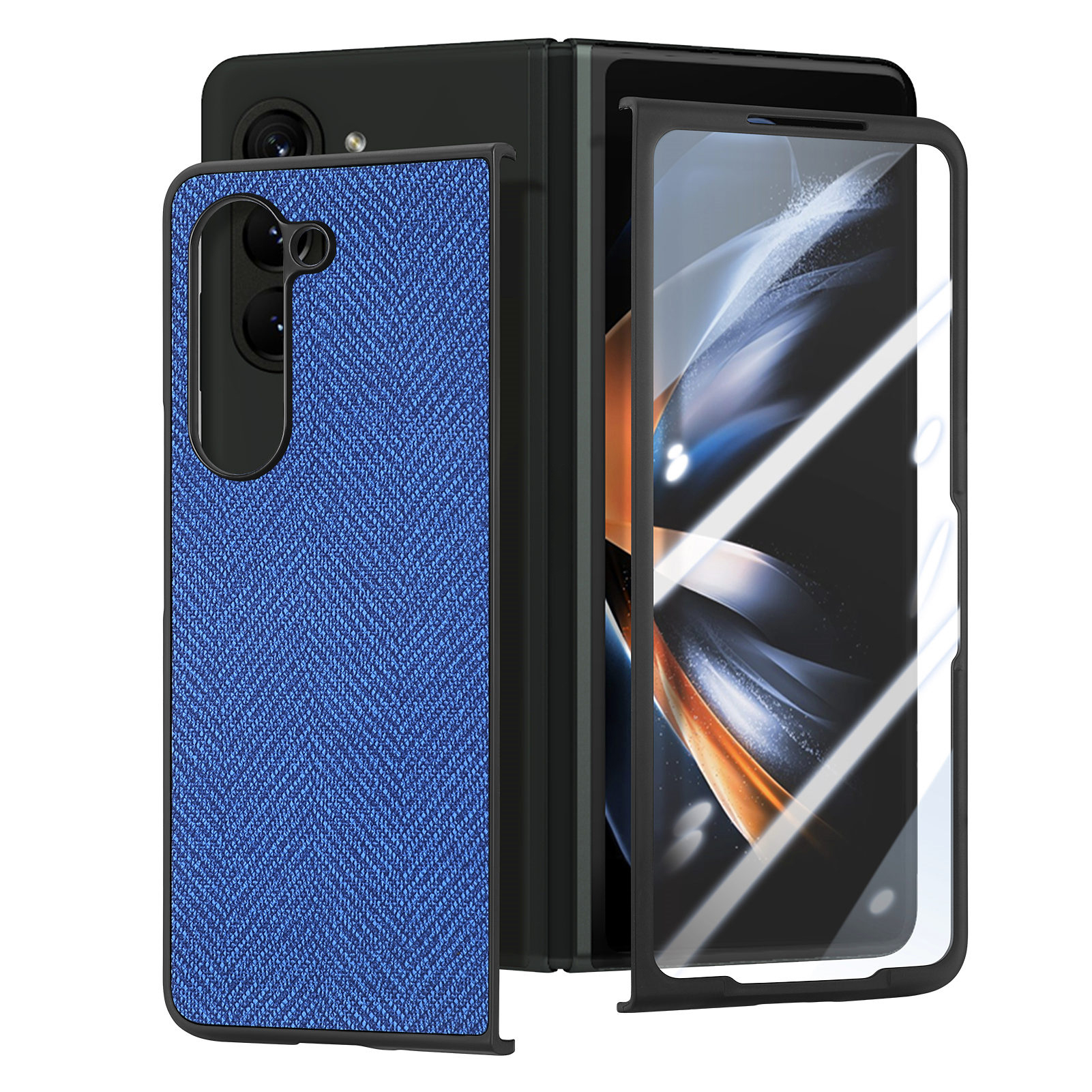 

Für Samsung Galaxy Z Fold5 5G PU Leder + Pc-hülle Jeans Stoff Textur Anti-schlupf-telefonabdeckung Mit Temperaturem Glasfilm - Blau, Galaxy Z Fold5 5G