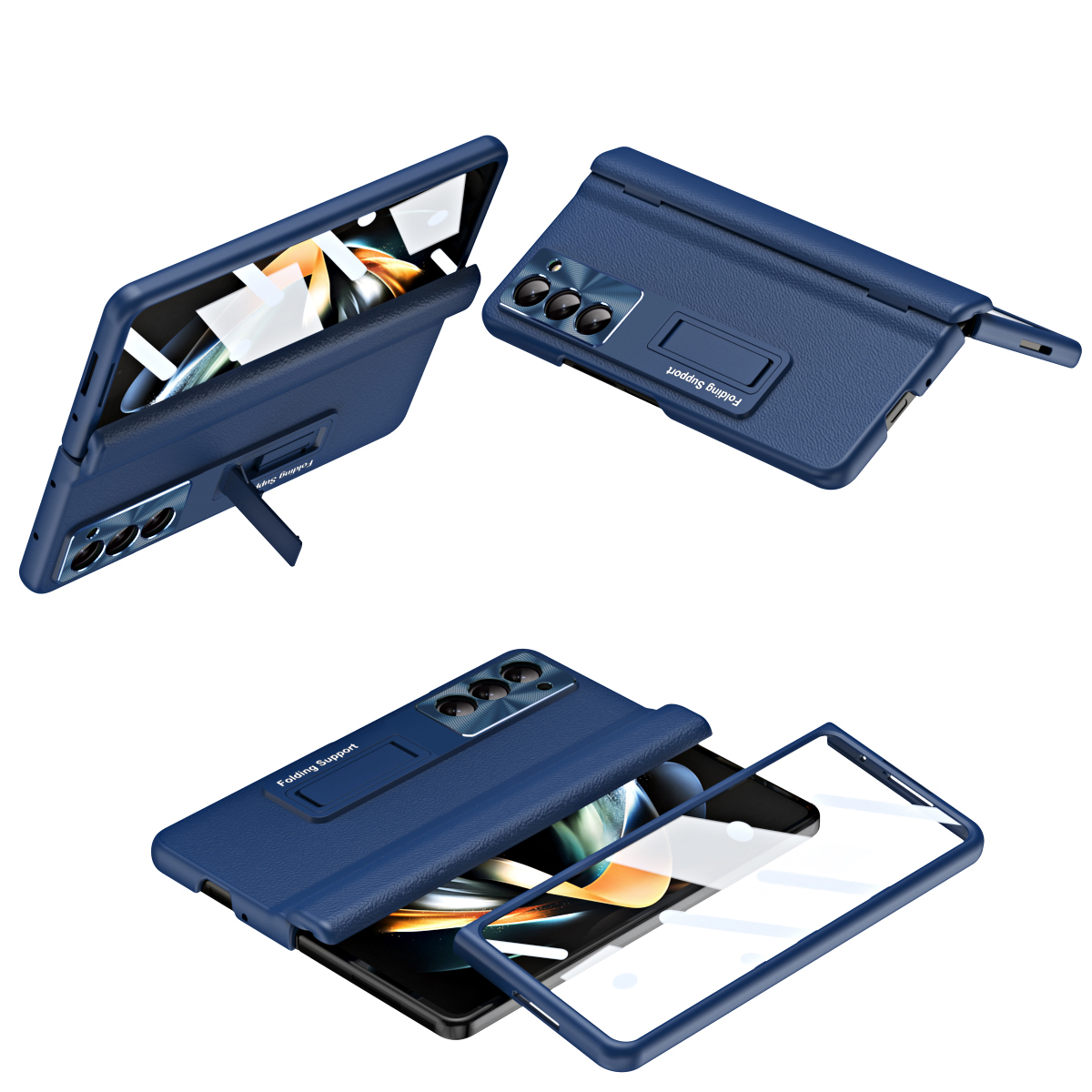 

Für Samsung Galaxy Z Fold5 5G Kickstand -telefonhülle Slim Hard PC PU Leder -telefonabdeckung Mit Temperamentvollem Glasfilm - Blau, Galaxy Z Fold5 5G