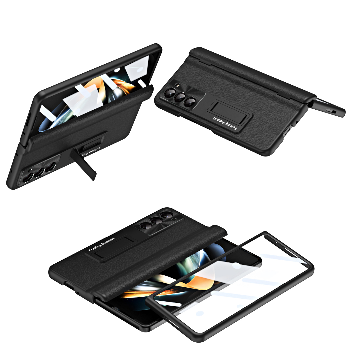 

Für Samsung Galaxy Z Fold5 5G Kickstand -telefonhülle Slim Hard PC PU Leder -telefonabdeckung Mit Temperamentvollem Glasfilm - Schwarz, Galaxy Z Fold5 5G