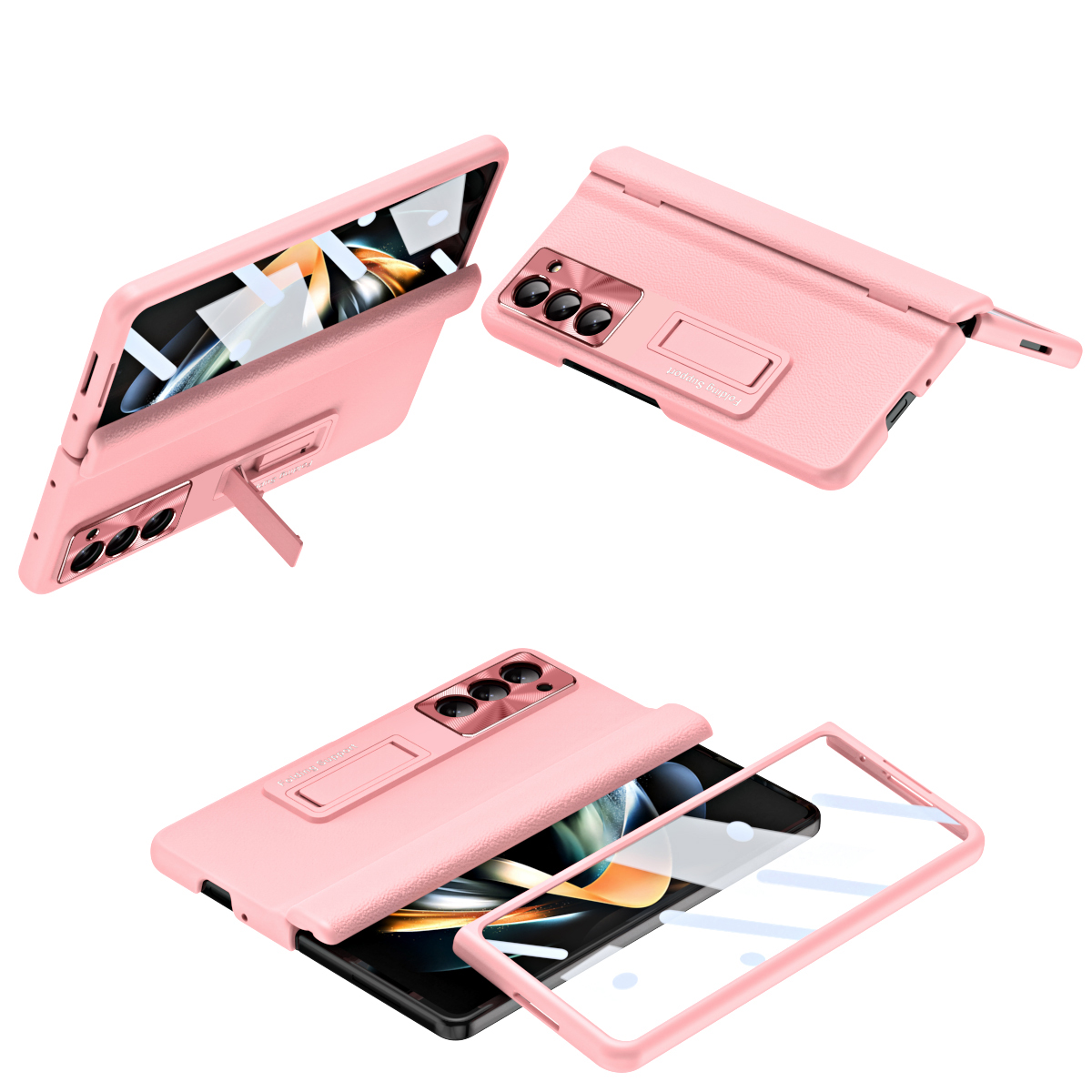 

Für Samsung Galaxy Z Fold5 5G Kickstand -telefonhülle Slim Hard PC PU Leder -telefonabdeckung Mit Temperamentvollem Glasfilm - Rosa, Galaxy Z Fold5 5G