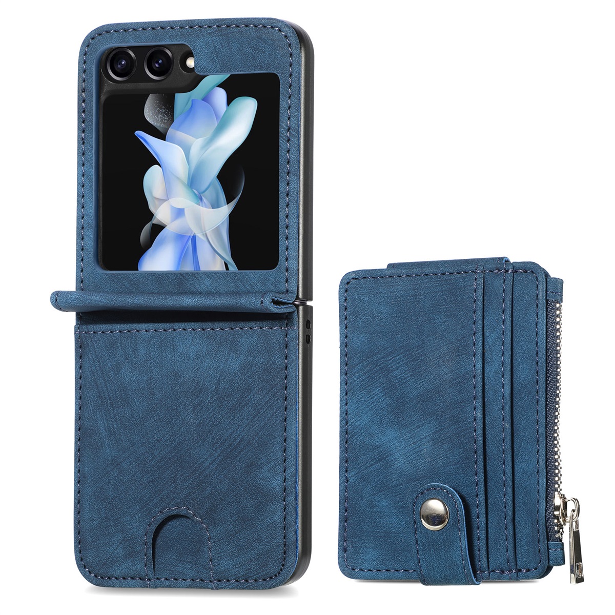 

Junsunmay Für Samsung Galaxy Z Flip5 5G Reißverschlüsse Brieftaschenhülle Schockdichte PU -leder -pc -kickstand Cover - Blau, Galaxy Z Flip5 5G