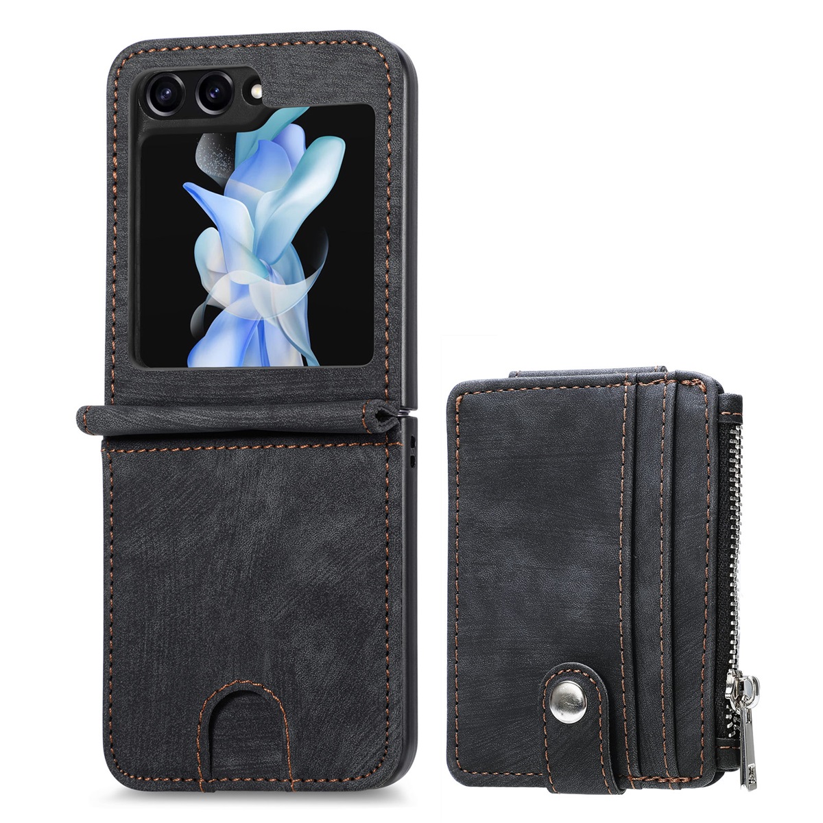 

Junsunmay Für Samsung Galaxy Z Flip5 5G Reißverschlüsse Brieftaschenhülle Schockdichte PU -leder -pc -kickstand Cover - Schwarz, Galaxy Z Flip5 5G