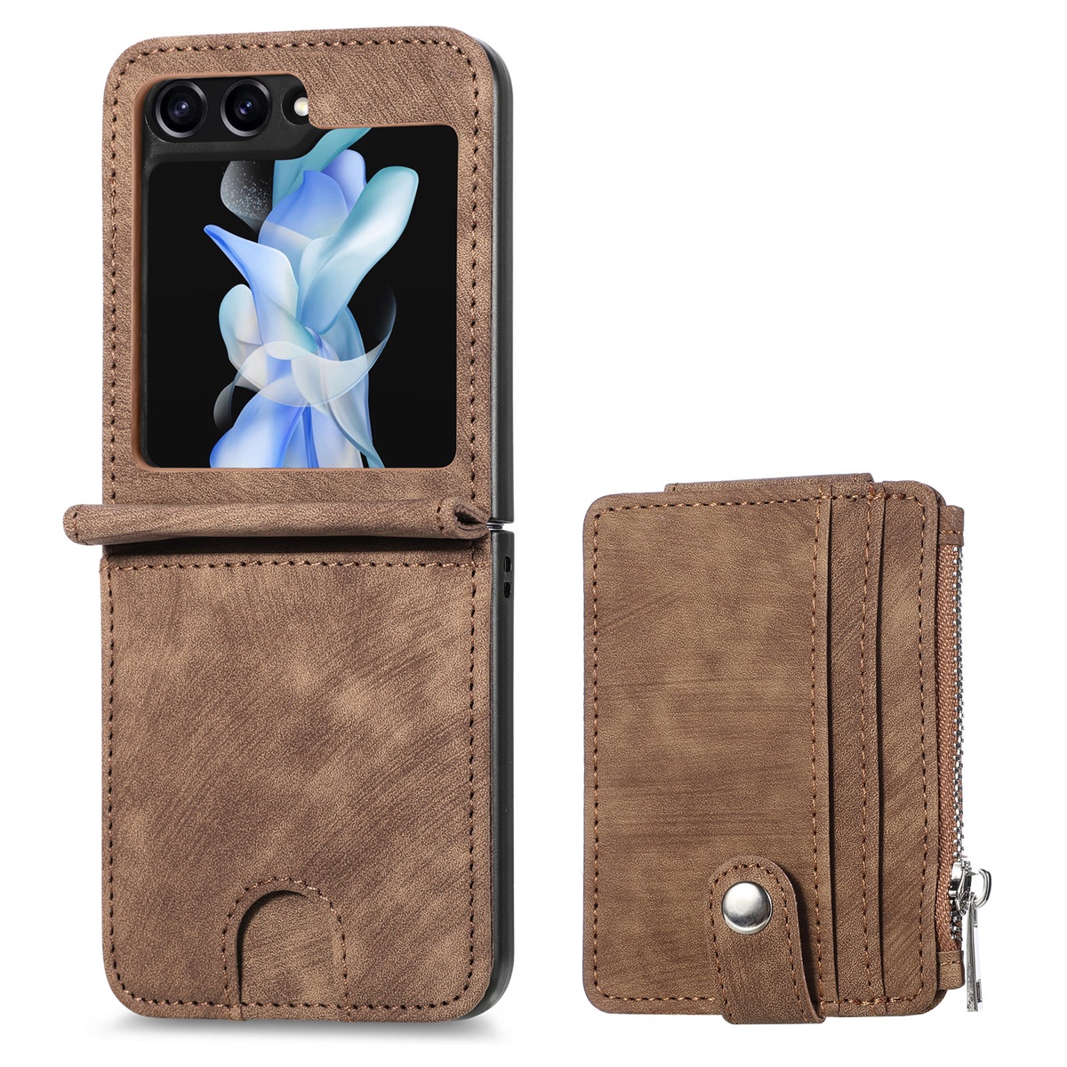 

Junsunmay Für Samsung Galaxy Z Flip5 5G Reißverschlüsse Brieftaschenhülle Schockdichte PU -leder -pc -kickstand Cover - Braun, Galaxy Z Flip5 5G