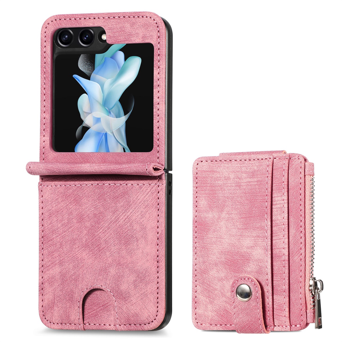 

Junsunmay Für Samsung Galaxy Z Flip5 5G Reißverschlüsse Brieftaschenhülle Schockdichte PU -leder -pc -kickstand Cover - Rosa, Galaxy Z Flip5 5G