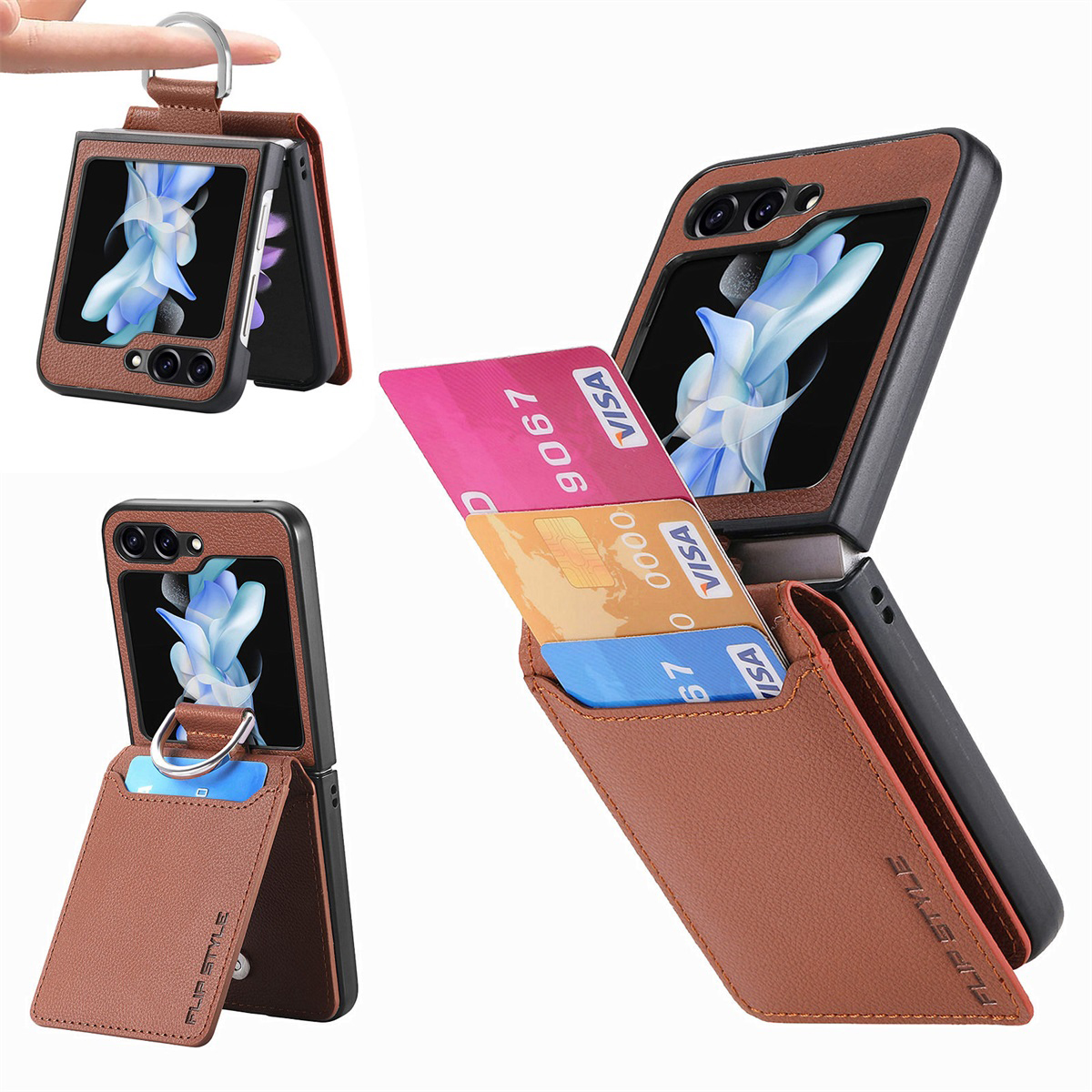 

Junsunmay Für Samsung Galaxy Z Flip5 5G Kartenhalter Kickstand Telefonfall Litchi Textur PU+PC Telefonabdeckung - Braun, Galaxy Z Flip5 5G