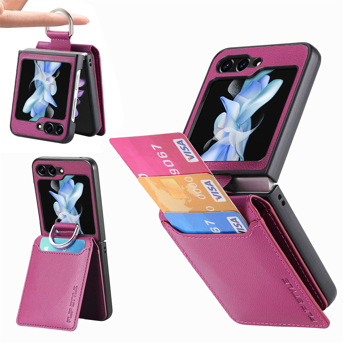 

Junsunmay Für Samsung Galaxy Z Flip5 5G Kartenhalter Kickstand Telefonfall Litchi Textur PU+PC Telefonabdeckung - Lila, Galaxy Z Flip5 5G