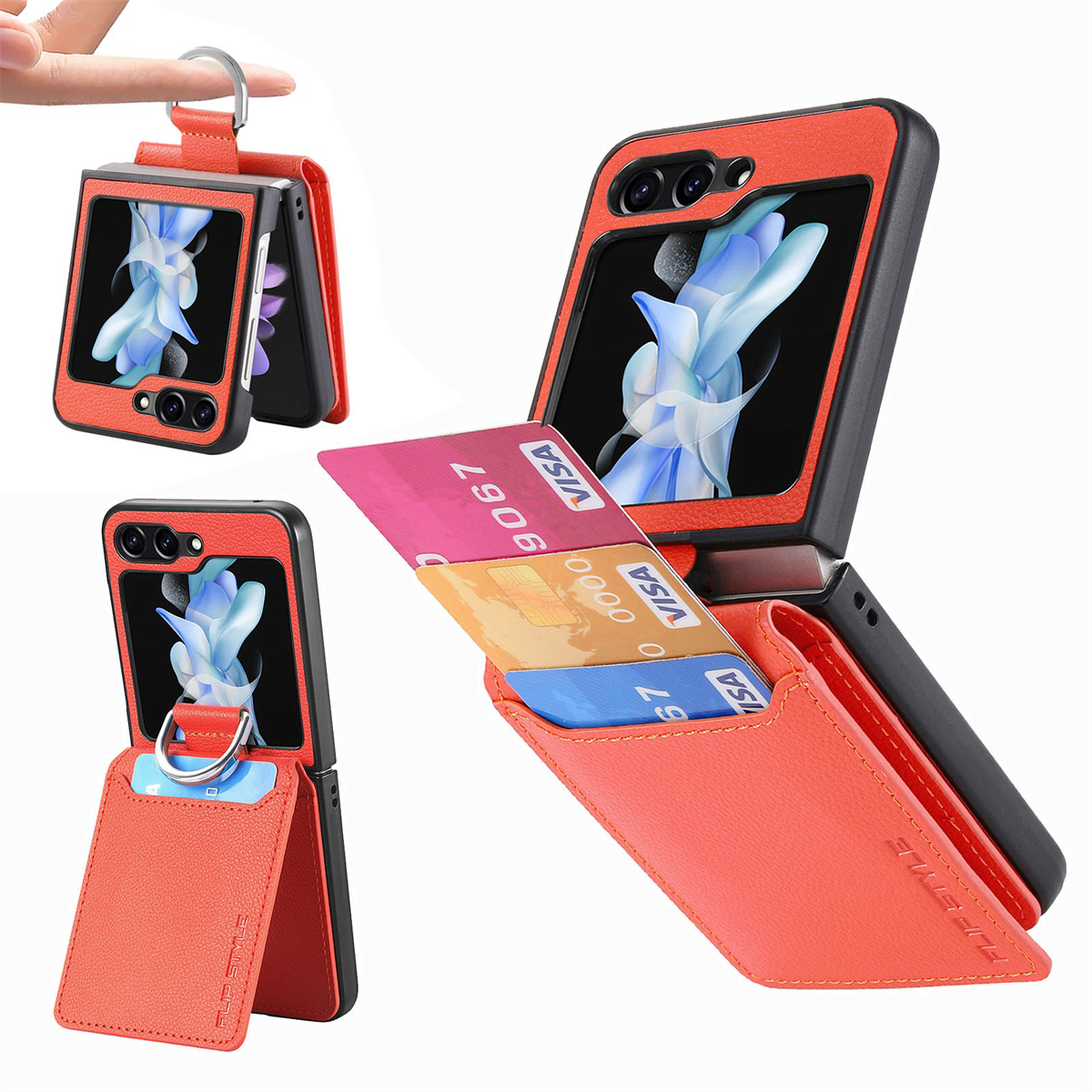 

Junsunmay Für Samsung Galaxy Z Flip5 5G Kartenhalter Kickstand Telefonfall Litchi Textur PU+PC Telefonabdeckung - Orange, Galaxy Z Flip5 5G