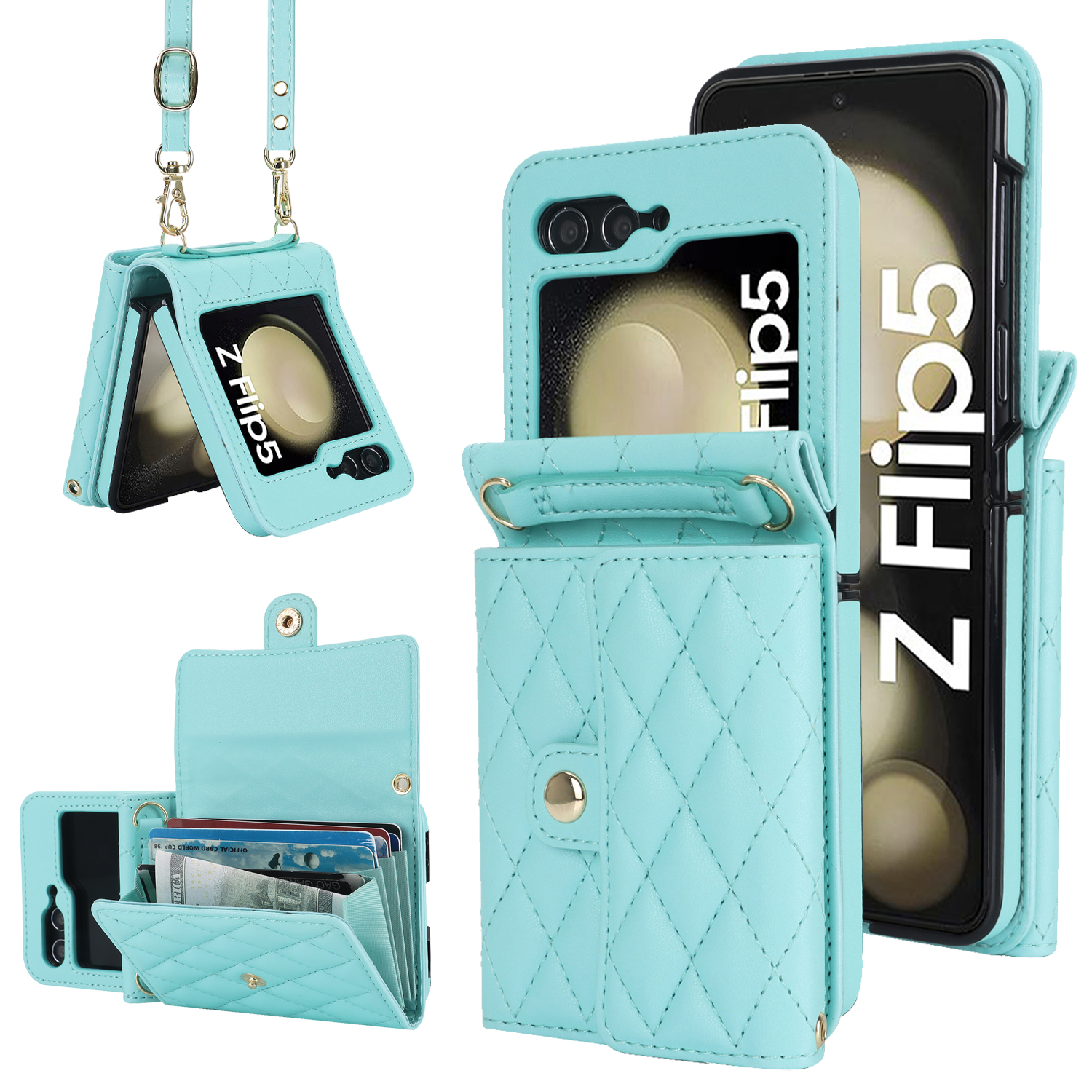 

ZD 03 Telefonhülle Für Samsung Galaxy Z Flip5 5G PU Leder + PC RFID -blockierungsbrieftasche Mit Riemen - Blau, Galaxy Z Flip5 5G