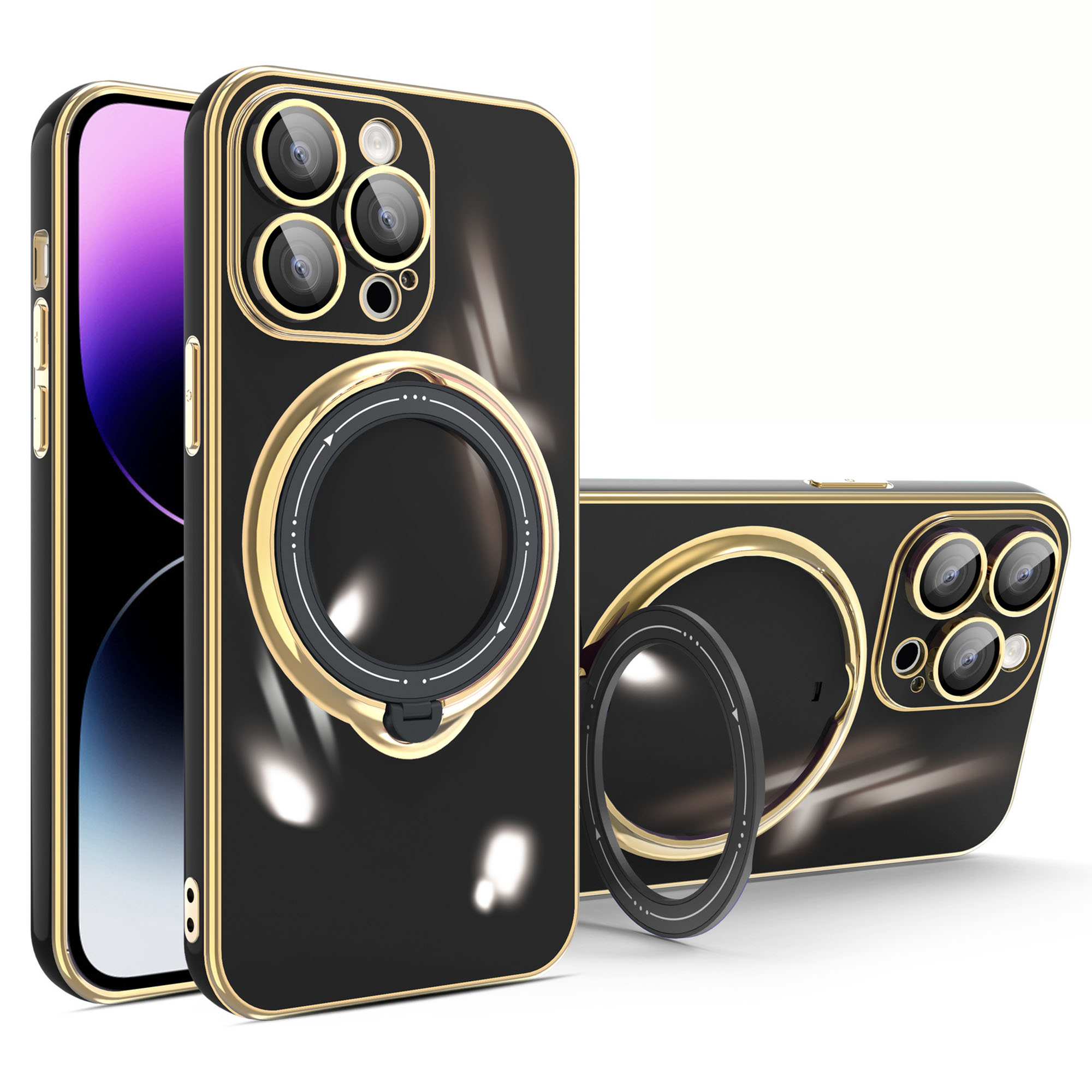

Für Das Iphone 14 Pro TPU Elektroplierende Telefonhülle Rotierende Kickstandabdeckung Mit Linsenschutz - Schwarz, iPhone 14 Pro