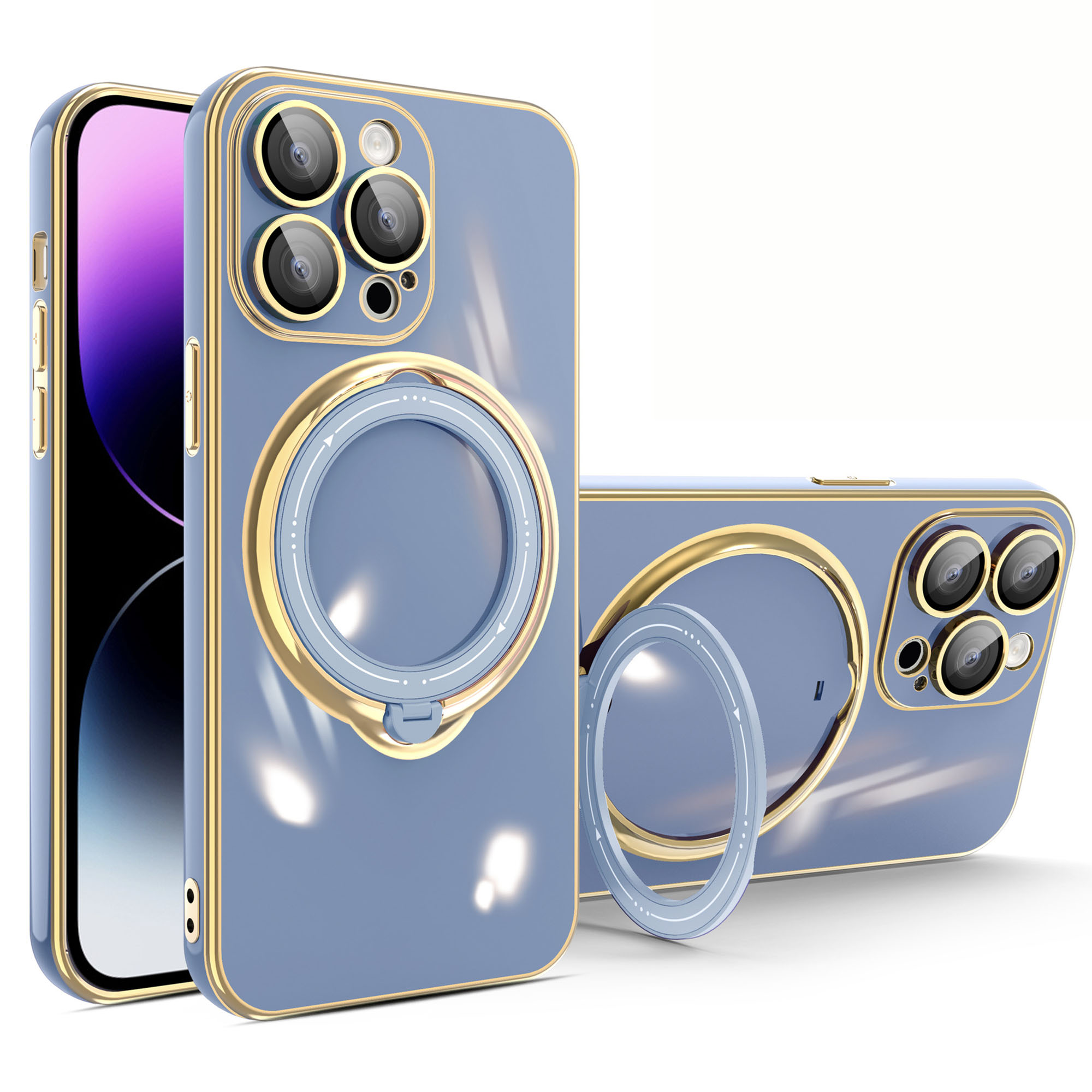 

Für Das Iphone 14 Pro TPU Elektroplierende Telefonhülle Rotierende Kickstandabdeckung Mit Linsenschutz - Blau, iPhone 14 Pro
