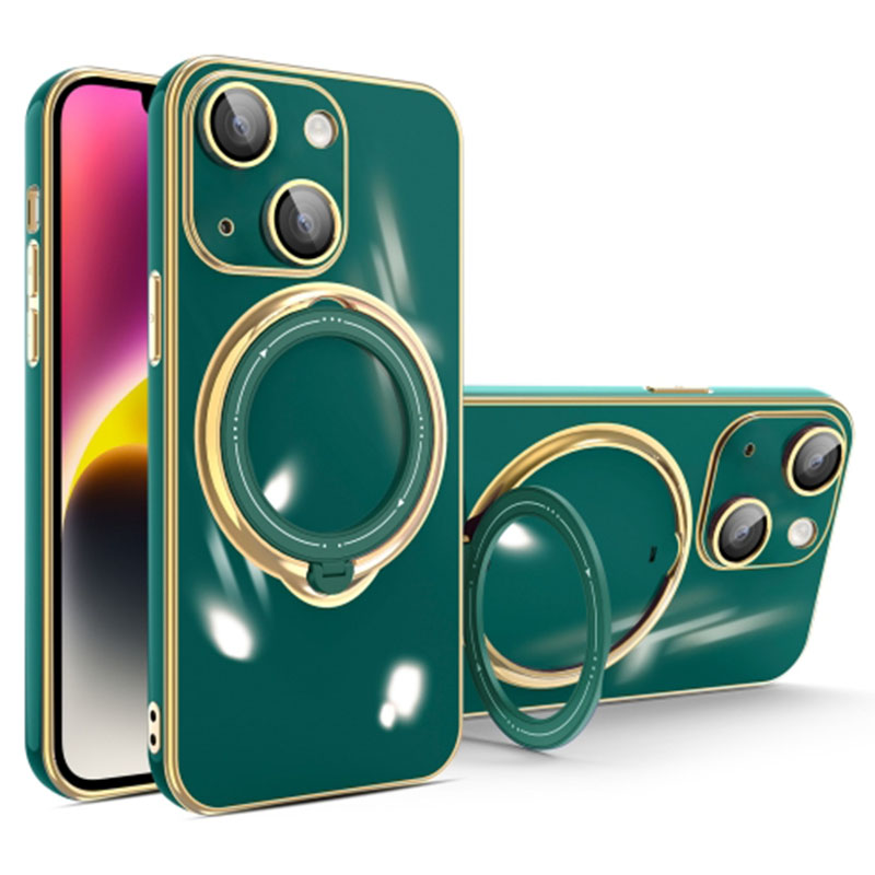 

Für Iphone 14 TPU -mobiltelefone Hülle Rotary Kickstand Elektroplattenabdeckung Mit Linsenschutzschutz - Schwarzgrün, iPhone 14