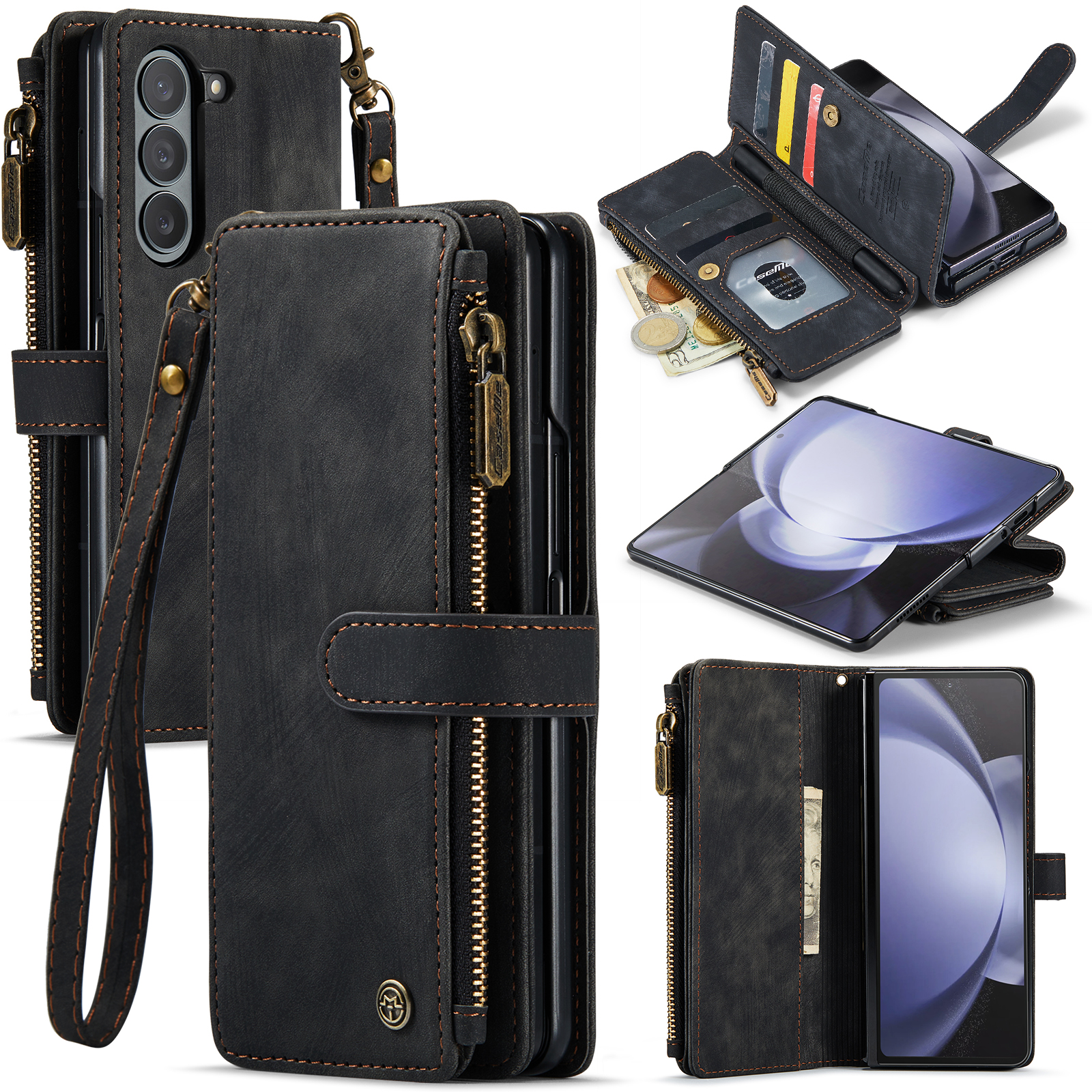 

Caseme C30 -serie Für Samsung Galaxy Z Fold5 5G Reißverschluss Pocket Phone Hülle 5 Kartensteckplätze Lederabdeckung Mit Stifthalter - Schwarz, Galaxy Z Fold5 5G