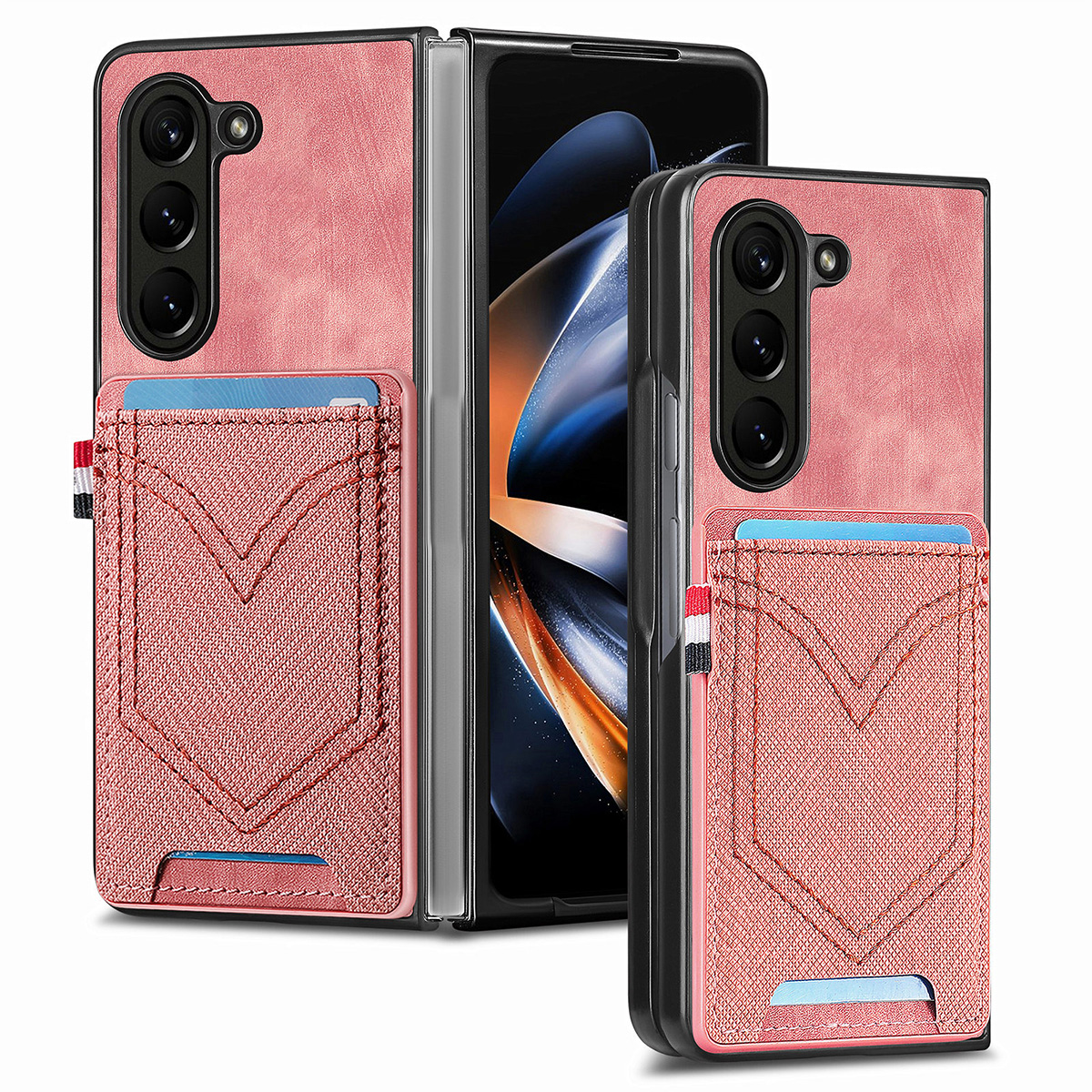 

Junsunmay Für Samsung Galaxy Z Fold5 5G Kartenhalter Telefon Hülle Jeans Stoff Textur PU+PC Telefonabdeckung - Rosa, Galaxy Z Fold5 5G