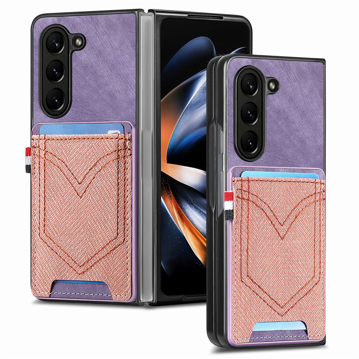 

Junsunmay Für Samsung Galaxy Z Fold5 5G Kartenhalter Telefon Hülle Jeans Stoff Textur PU+PC Telefonabdeckung - Lila, Galaxy Z Fold5 5G