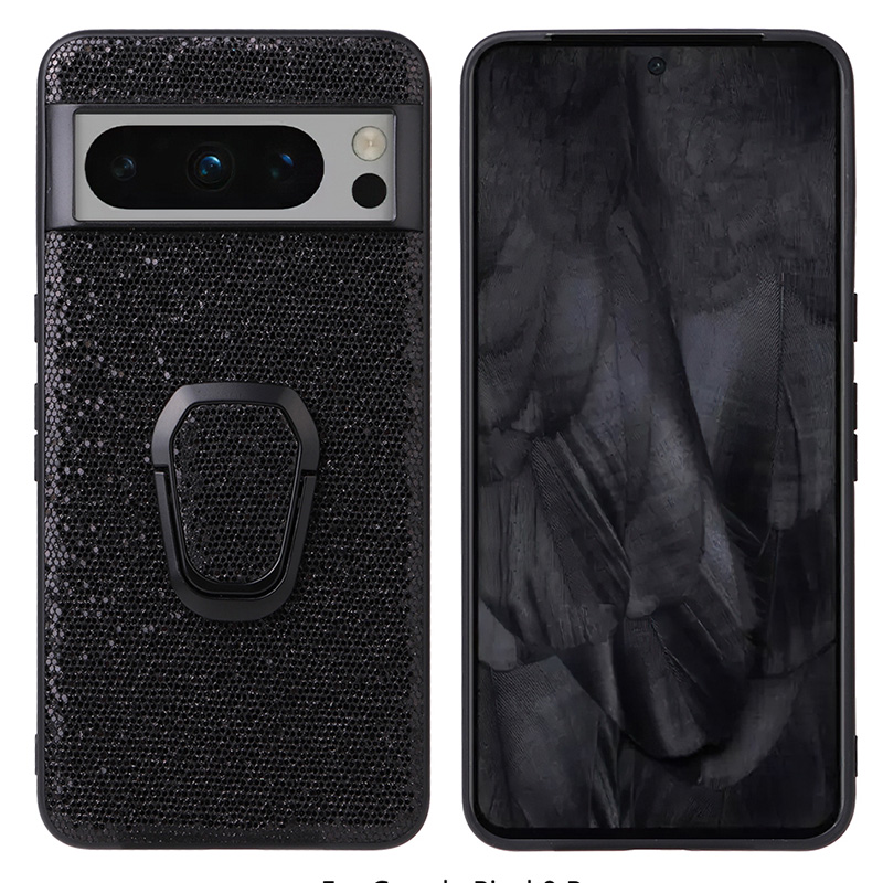 

Für Google Pixel 8 Pro Kickstand Textured Phone Case PU Leder+tpu+pc -telefonabdeckung - Schwarze Glitzernde Pailletten, Google Pixel 8 Pro