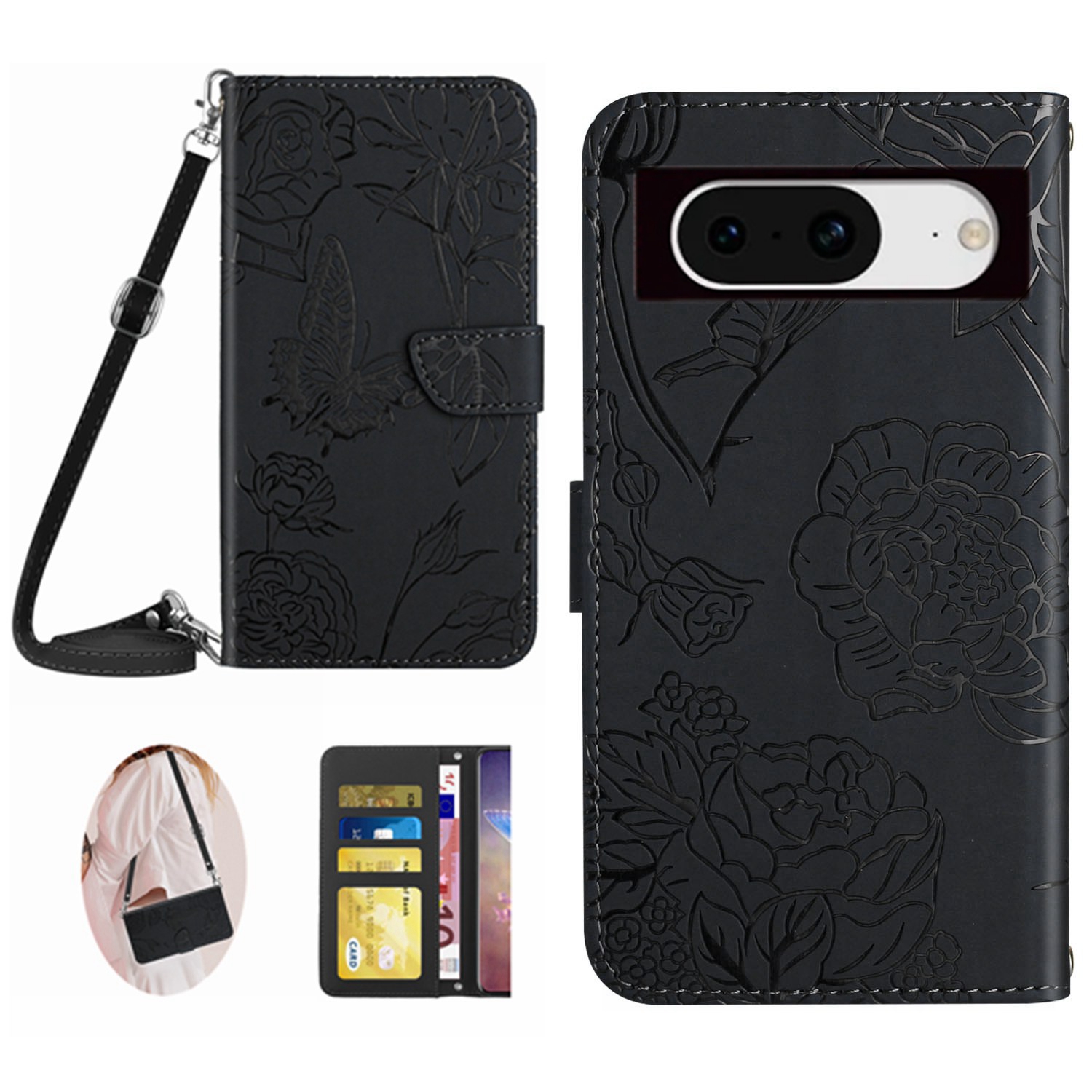 

HT03 Für Google Pixel 8 PU Leder Brieftasche Hülle Geprägter Flip -ständer Mit Schultergurt - Schwarz, Google Pixel 8