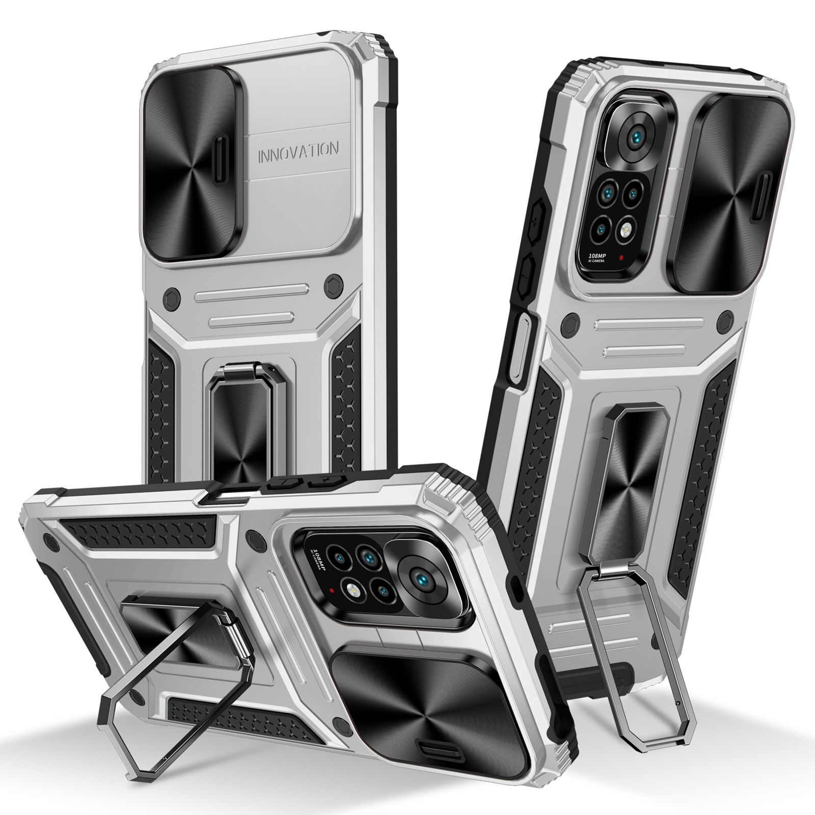 

PC+TPU -telefonkoffer Für Xiaomi Redmi Note 11s 4g / Hinweis 11 4G (qualcomm), Rotary -kickstandabdeckung Mit Schleimkameraschutz - Silber, Xiaomi Redmi Note 11S 4G