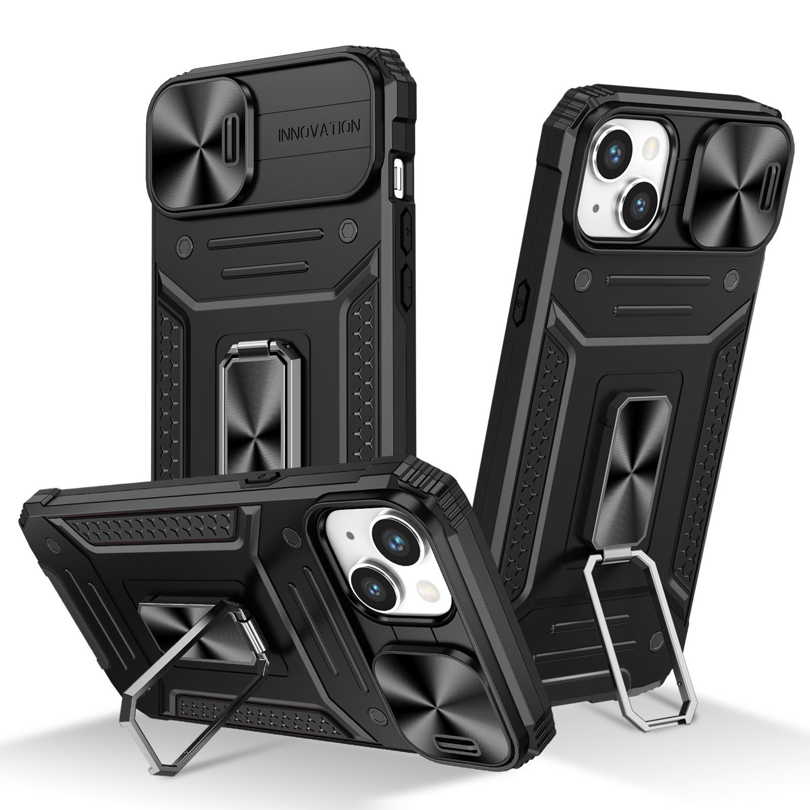 

Für Das Iphone 14 Plus Kickstand Cover PC+TPU Dual Layer Phone Case Mit Dia Camera Deckel - Schwarz, iPhone 14 Plus