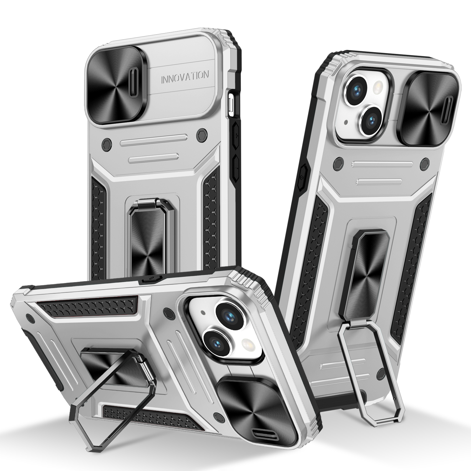 

Für Das Iphone 14 Plus Kickstand Cover PC+TPU Dual Layer Phone Case Mit Dia Camera Deckel - Silber, iPhone 14 Plus